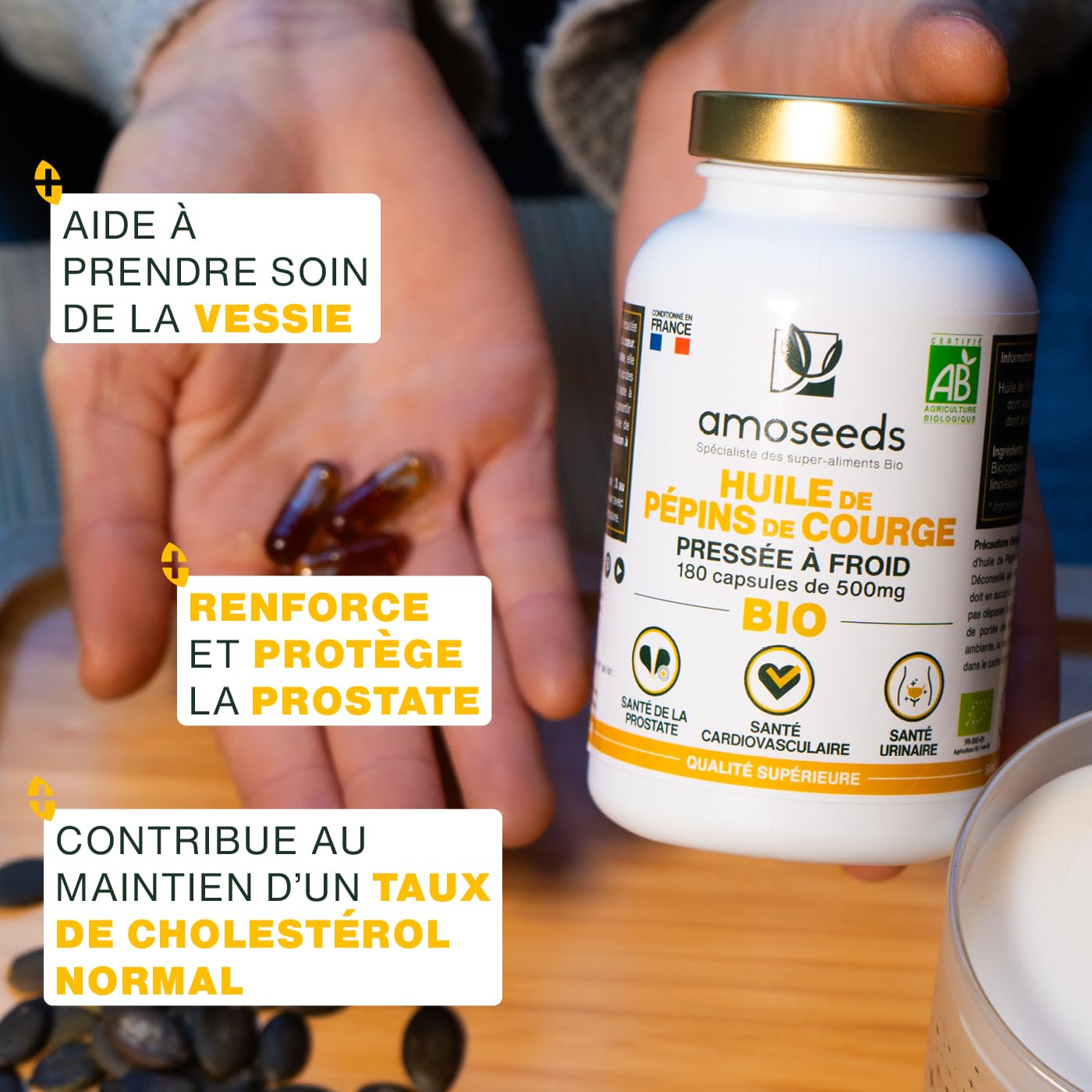 Huile de Pépins de Courge BIO | Prostate, Santé urinaire | Huile pressée à froid | 180 capsules végétales, vegan | Conditionné en France | Qualité Supérieure