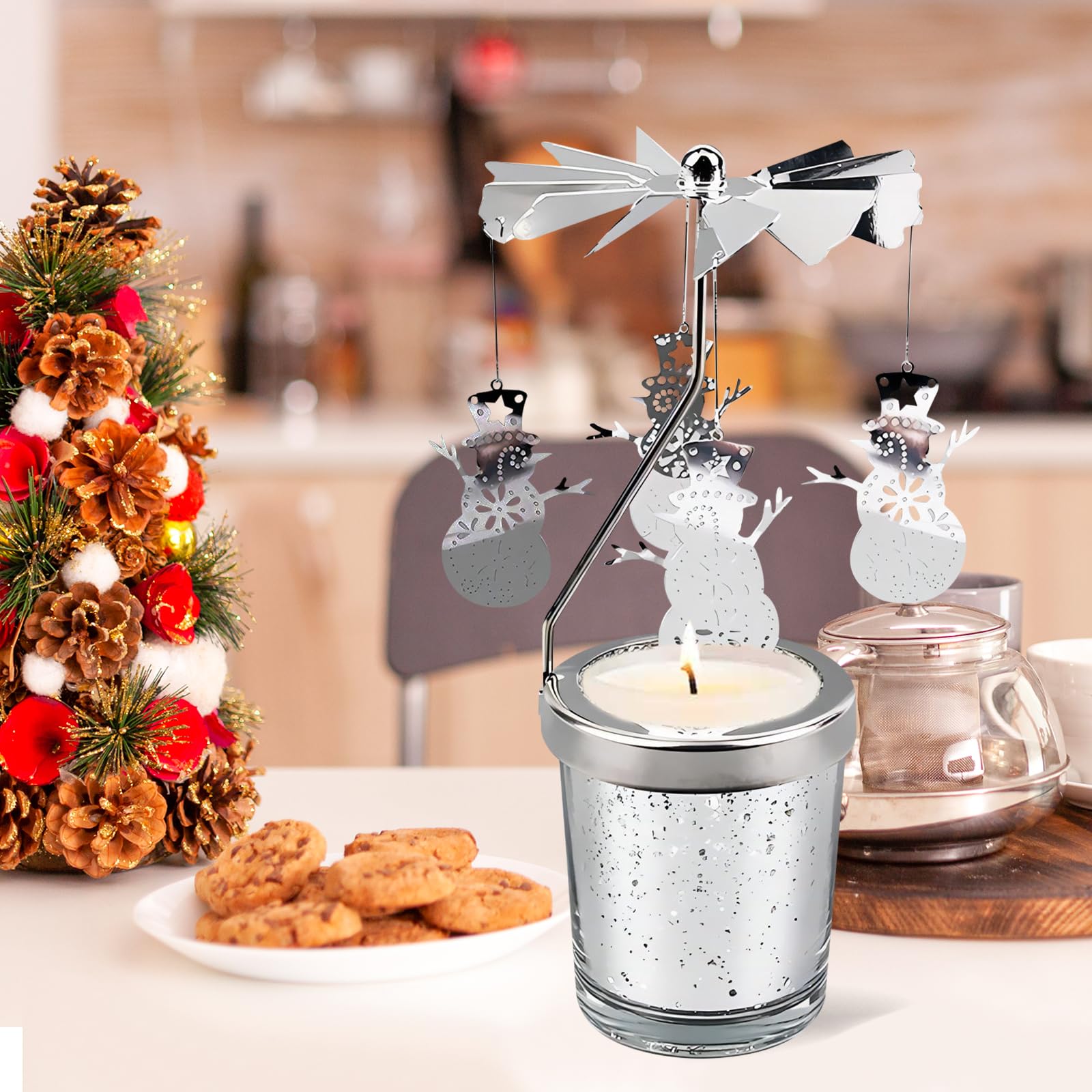 Rotierender Kerzenhalter Gold Mit Schneeflocke | Drehender Weihnachts-Teelichthalter Als Tischdeko