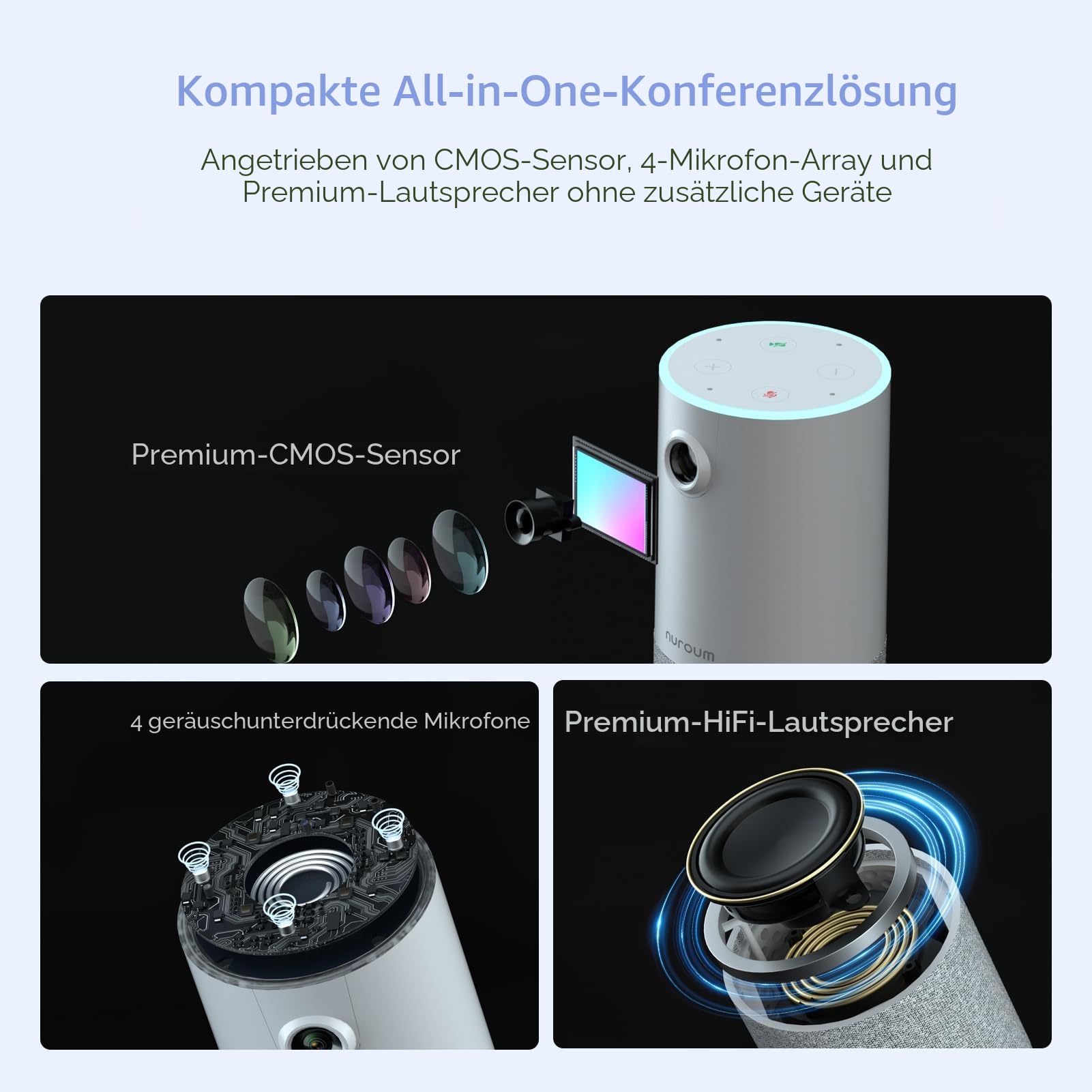 Nuroum Videokonferenz-Webcam mit Mikrofon&Lautsprecher, C10 1080P Kamera für Videokonferenz, Rauschunterdrückung/90° FOV/3m Reichweite, USB Plug&Play Freisprecheinrichtung für PC Windows/Mac