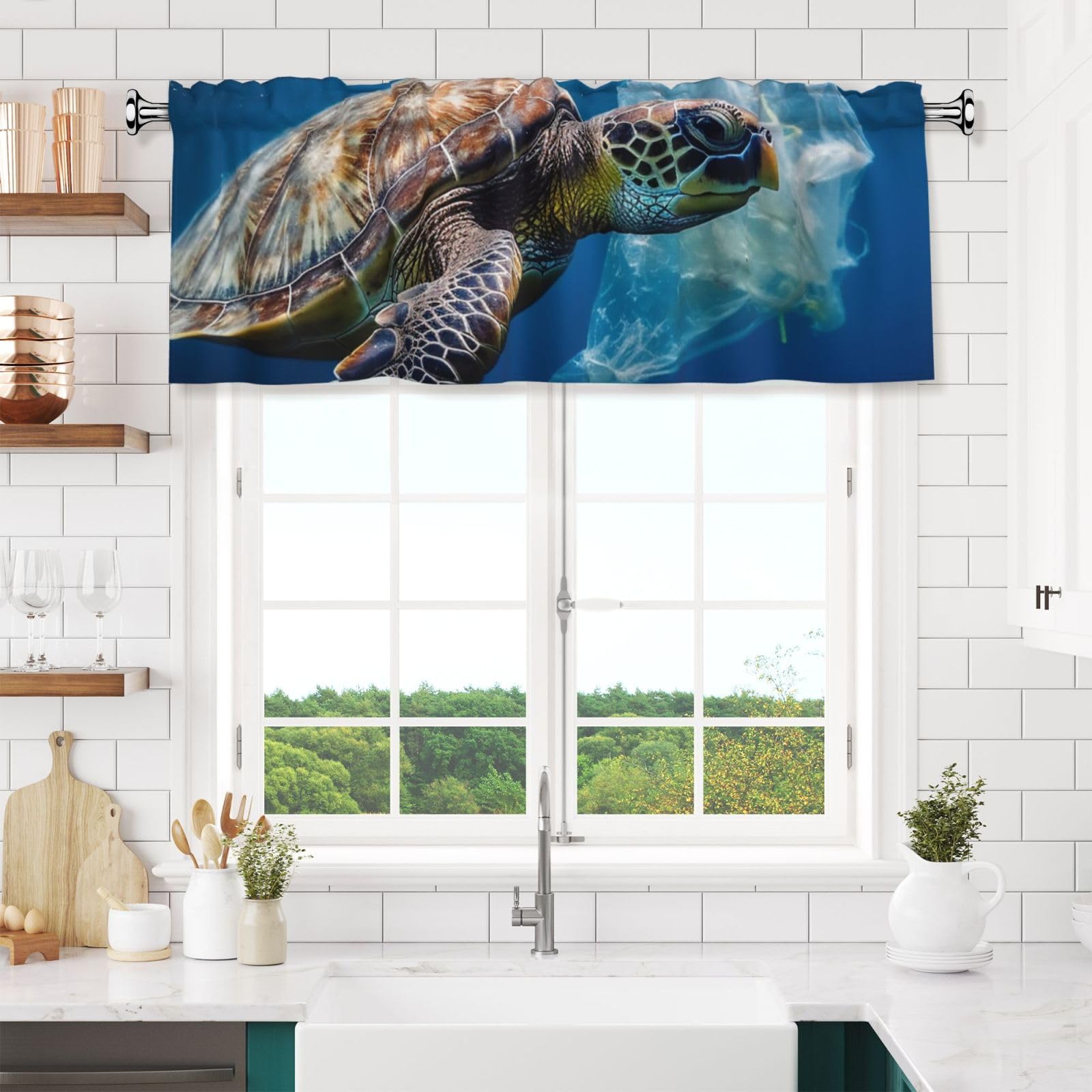 NONHAI Sea Turtle and Plastic Valances for Windows Short Curtains Rod Pocket Cafe Window Treatments Valance Curtains for Kitchen Bathroom Laundry Basement Windows 54x18inch Blackout Window Valance