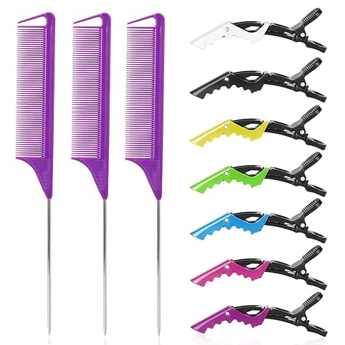 Miniatura 10 de Peines de cola de rata y separación con clips de peinado: 3 peines de metal para trenzas, 7 pinzas profesionales para seccionamiento