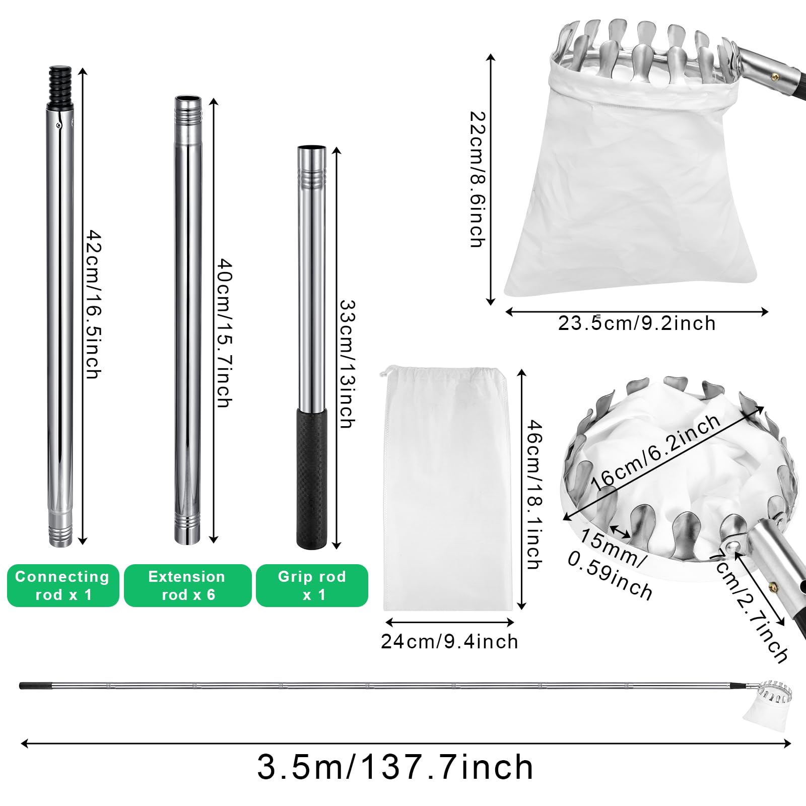 Draupnir 3,5m Cueille Fruit Telescopique, Cueille Pommes, Ramasse Fruits, Cueille Poires Cerise, Acier Inoxydable, Outil Cueilleur de Fruits avec Sac Coton Ø 16 cm