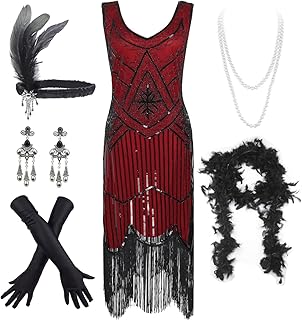 Women's Vintage 1920s Sequin Beaded Tassels Hem Flapper Dress w/Accessories Set - Buy now