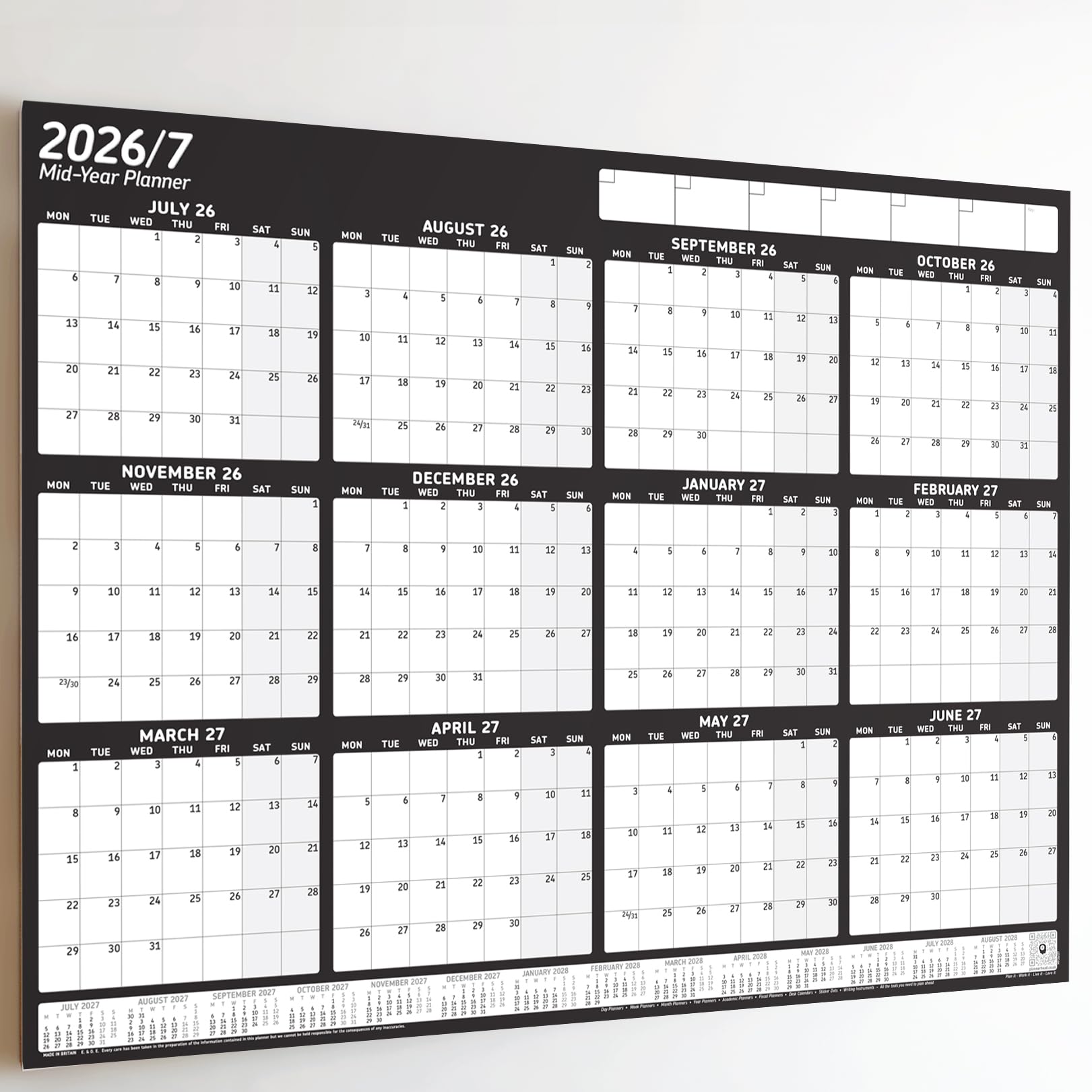 PlannerHead 2026/27 Academic Wall Planner/July 2026-June 2027 Calendar UK/Unmounted Unlaminated Year Planner Poster/Grid Landscape Black A2+ 43cm x 62cm (Folded Flat)