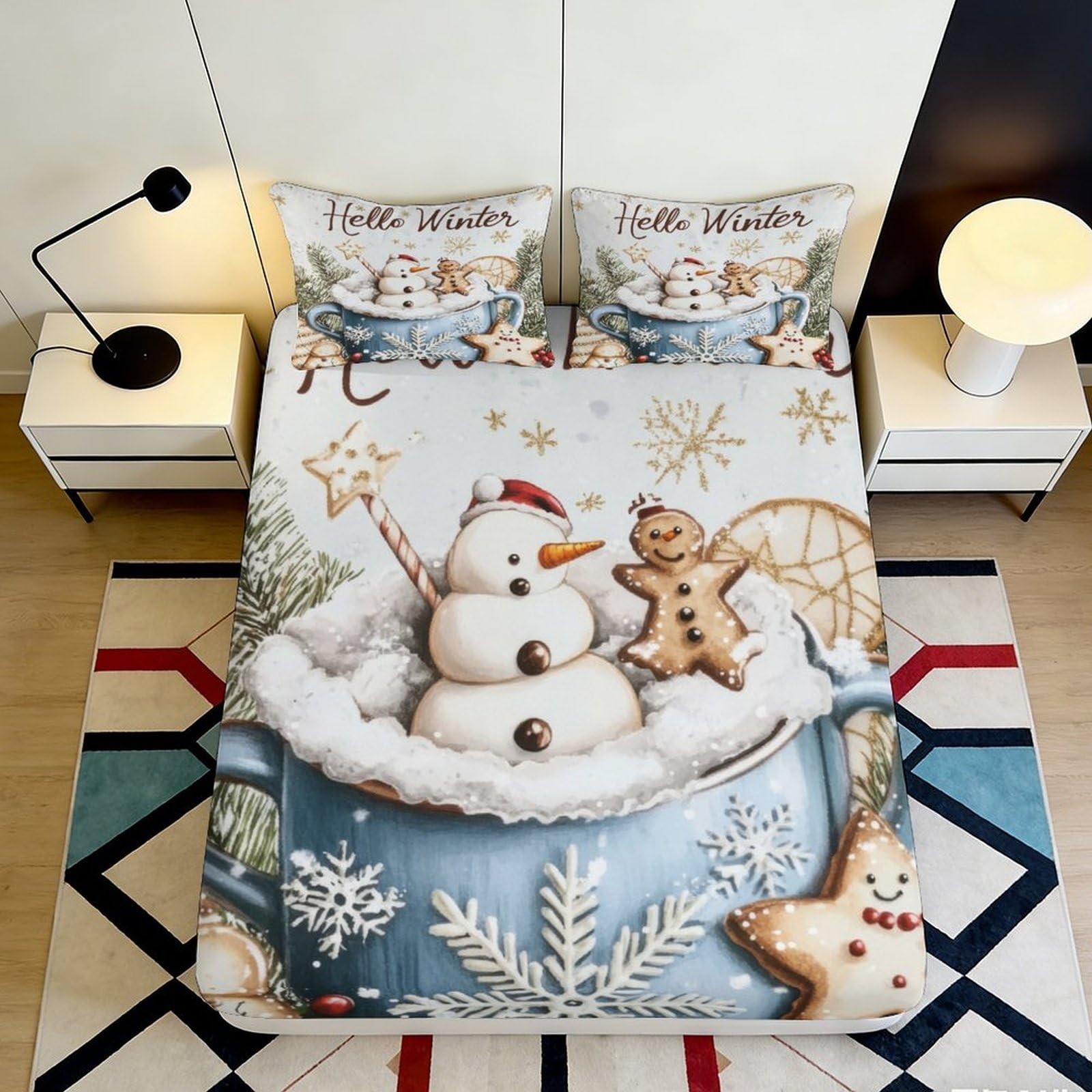 3D Printed Snowman Cup Fitted Sheet Microfiber Soft Gingerbread Bed Cover for Bedroom Guest Room Dorm Protective 140x200x25cm