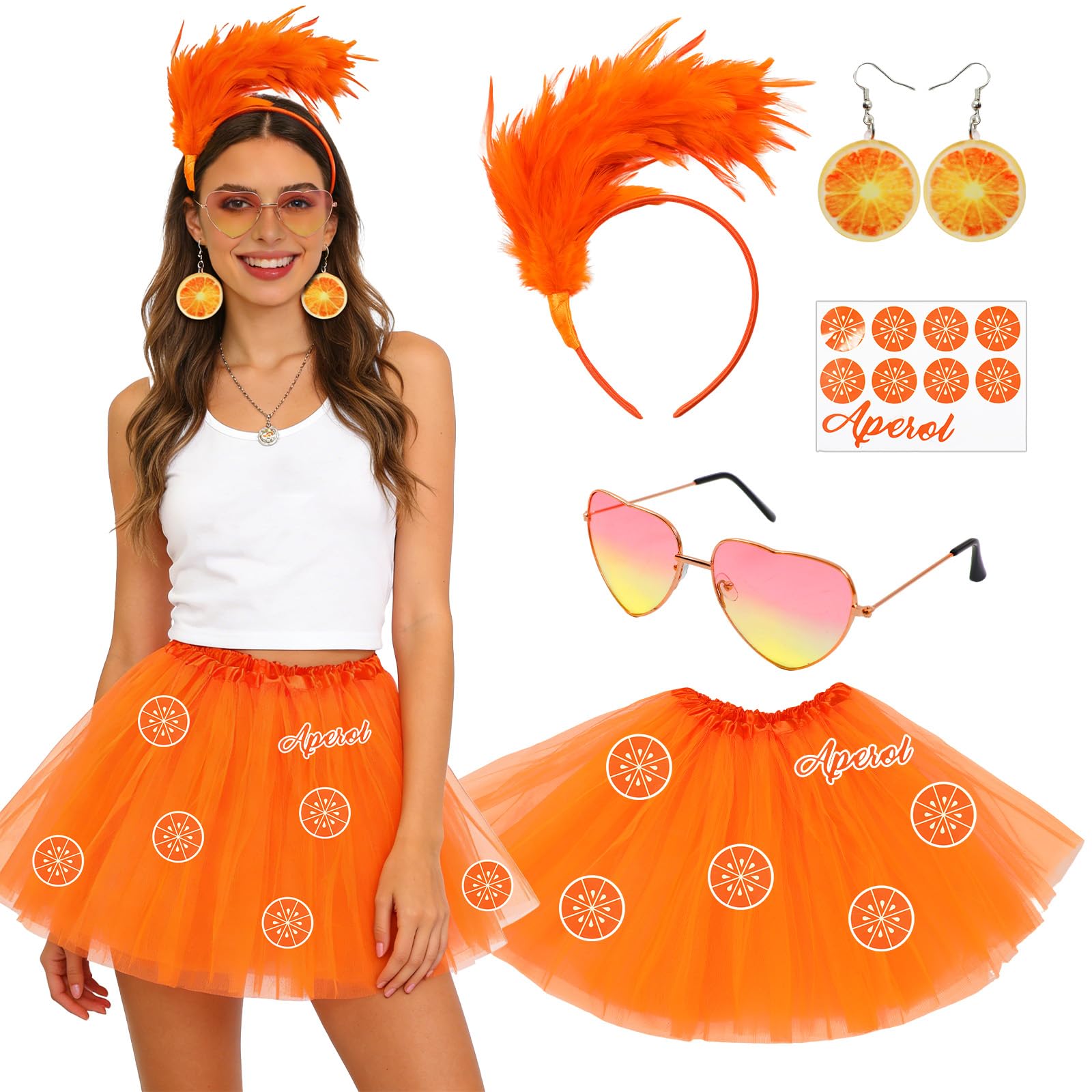 SINSEN Pack of 5 Aperol Costume Women's Carnival Costume with Orange Tulle Skirt Feather Headband Earrings Heart Sunglasses Self-Adhesive Fruit Stickers for Fancy Dress Theme Party Cosplay Party