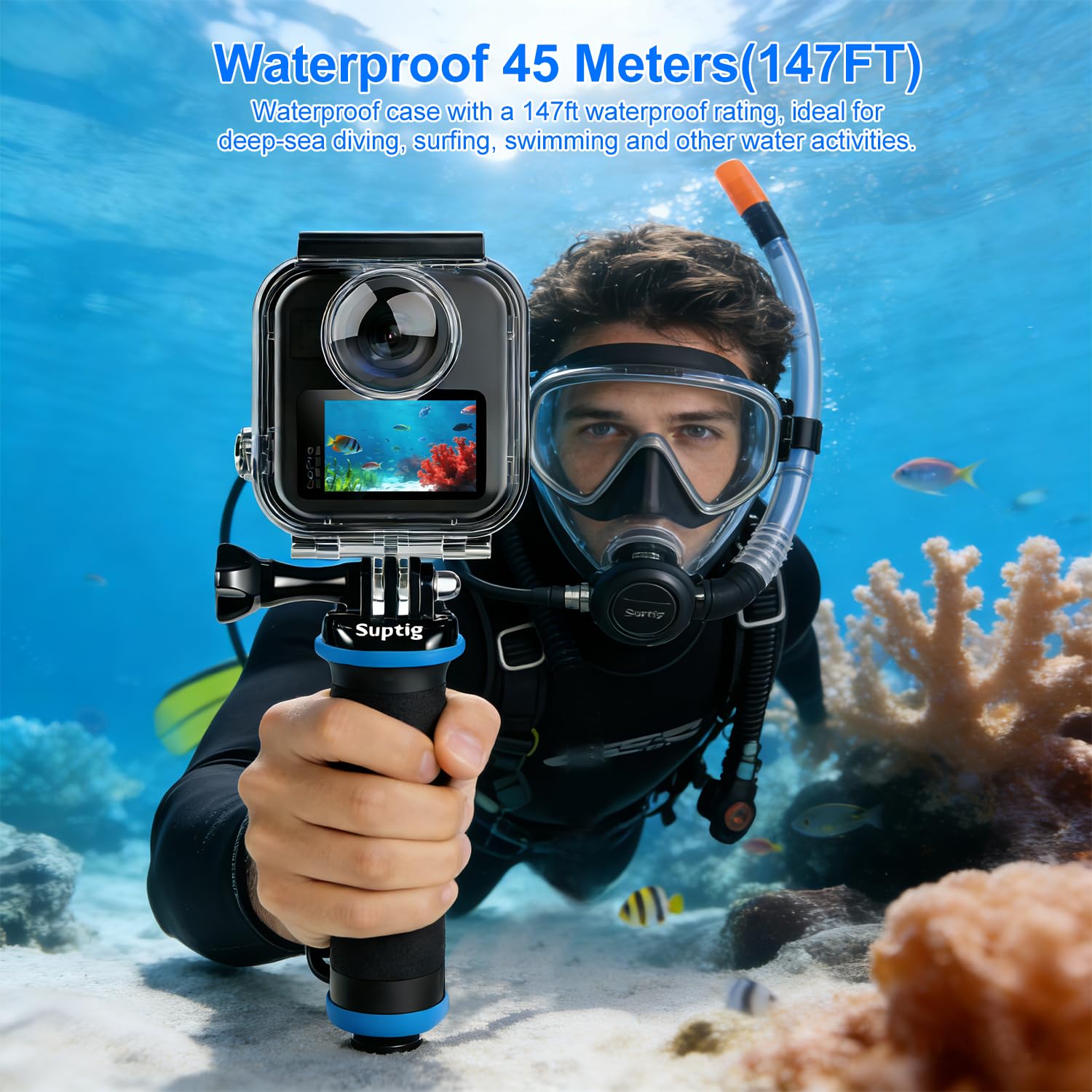 Suptig Wasserdichtes Gehäuse, Unterwassergehäuse, kompatibel mit GoPro Max 2, wasserdicht bis 45 m, perfekt zum Radfahren, Surfen, Tauchen, Skifahren und andere Aktivitäten