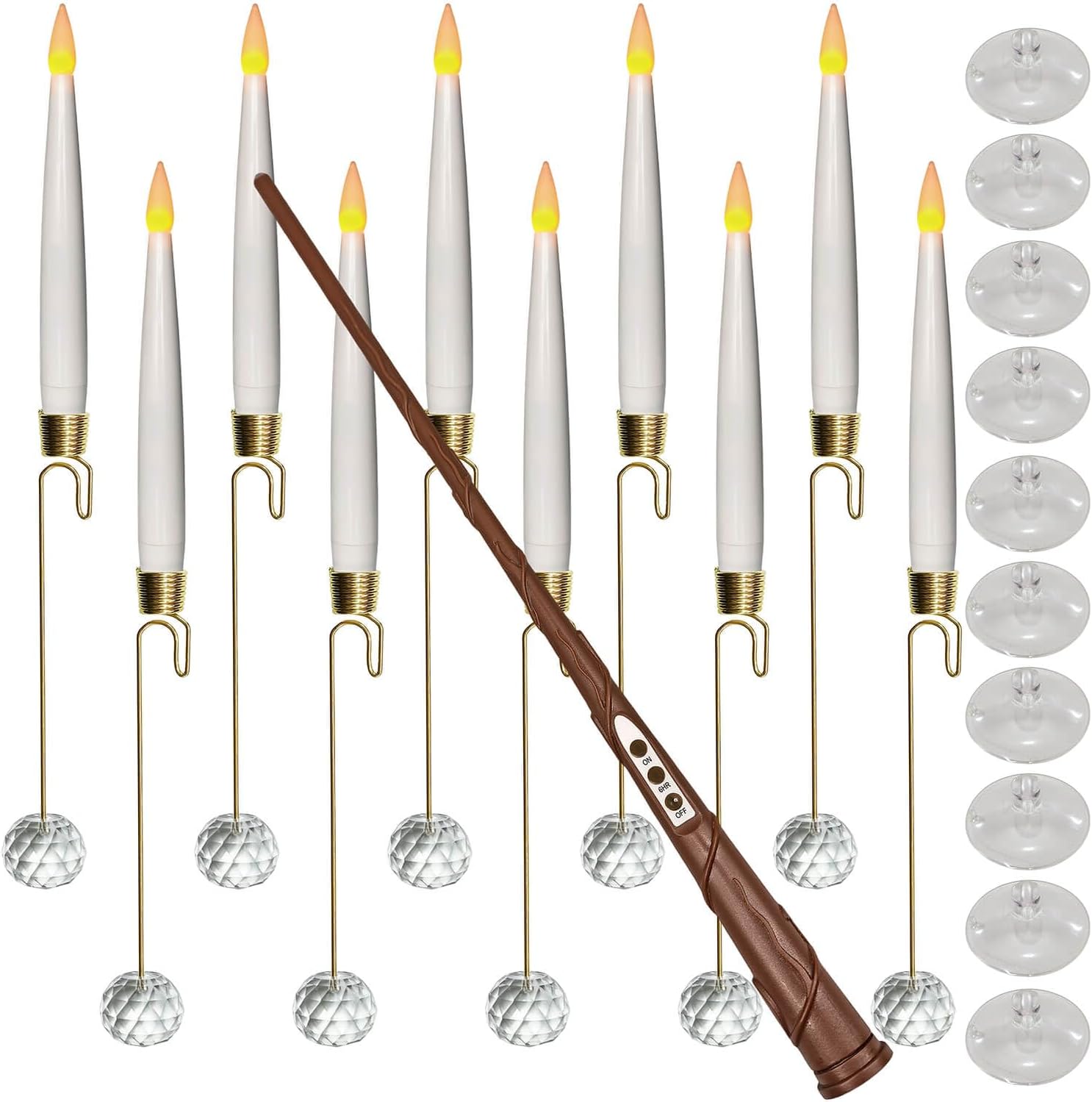 Christmas Tree Candles-Wand Remote-Crystal Ball Hooks-Suction Cups, 10 Pcs Battery Operated Window Candles, Flickering Warm Light, Xmas Home Ornaments, Wedding Party Decorations