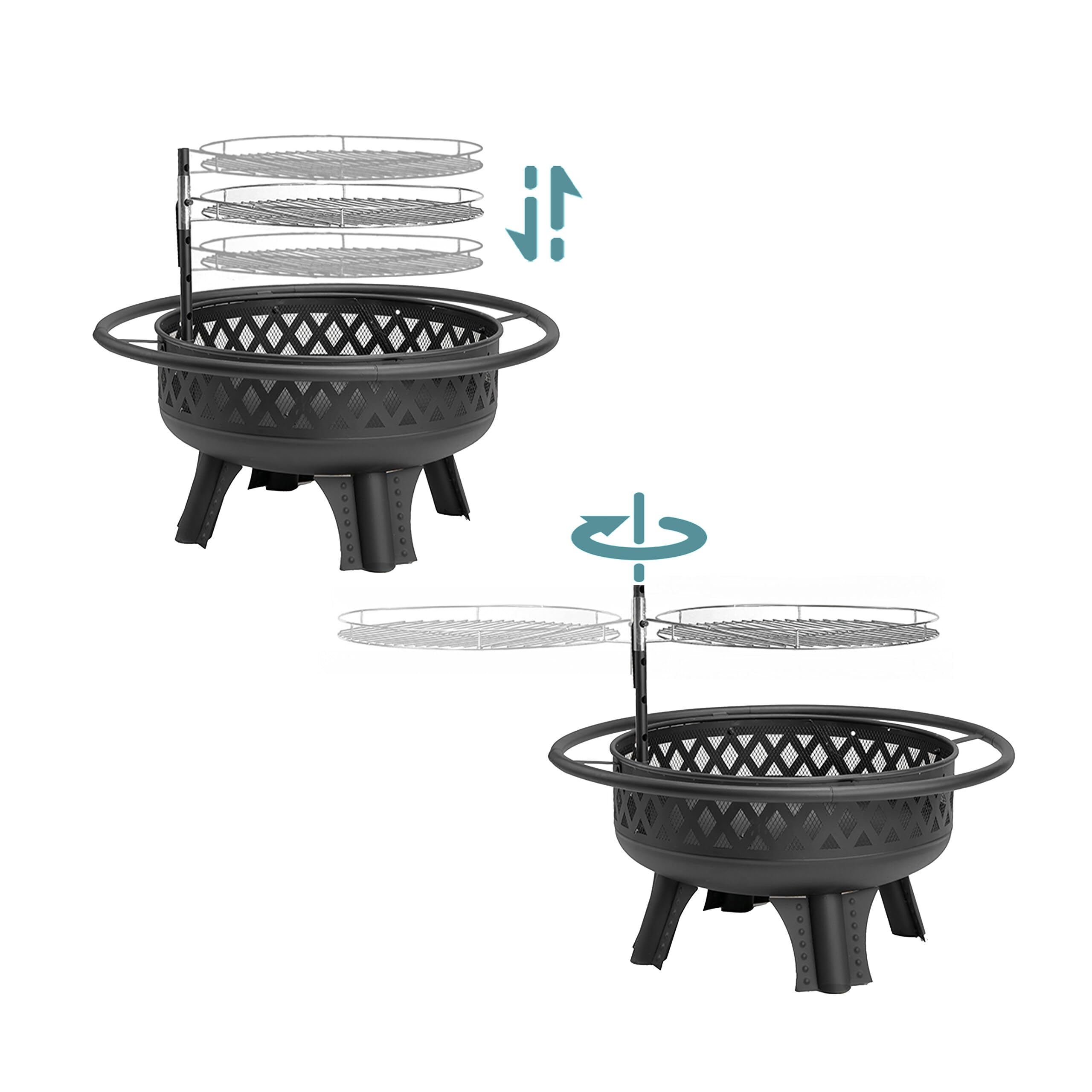 Relaxdays Feuerschale, Ø 80,5 cm, Verstellbarer Grillrost, Deckel & Schürhaken, Feuerstelle Garten, Feuerkorb, schwarz