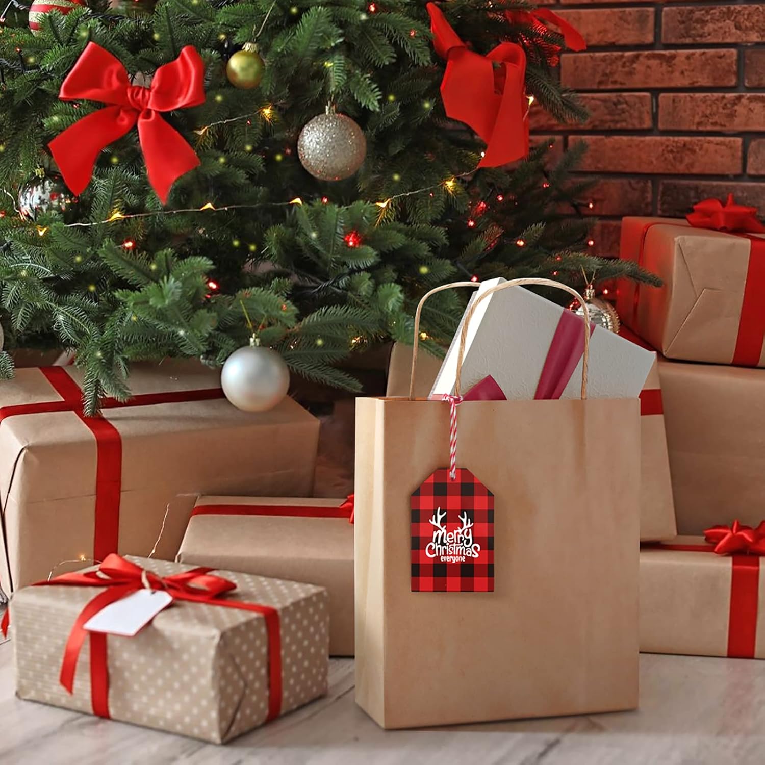 Christmas Gift Tags 100PCS Buffalo Plaid Paper Tags Red and Black Plaid Hang Labels with 65 Feet Jute Twine for Christmas Holiday Present Wrapping Decorations : Health & Household