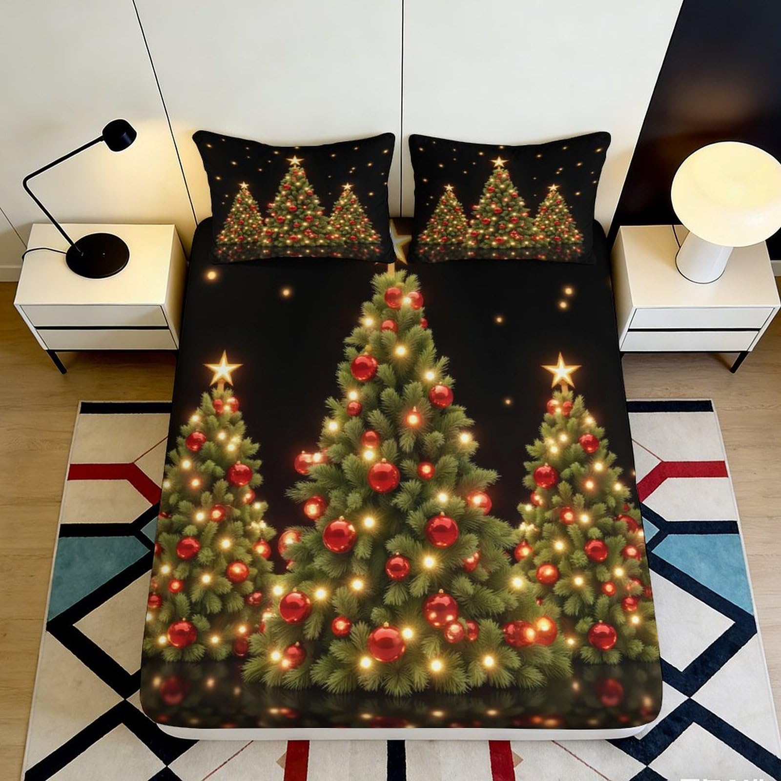 3D Printed Christmas Tree Fitted Sheet Microfiber Soft Breathable Holiday Bed Cover for Bedroom Dormitory Guest Room Mattress Protection 180x200x25cm