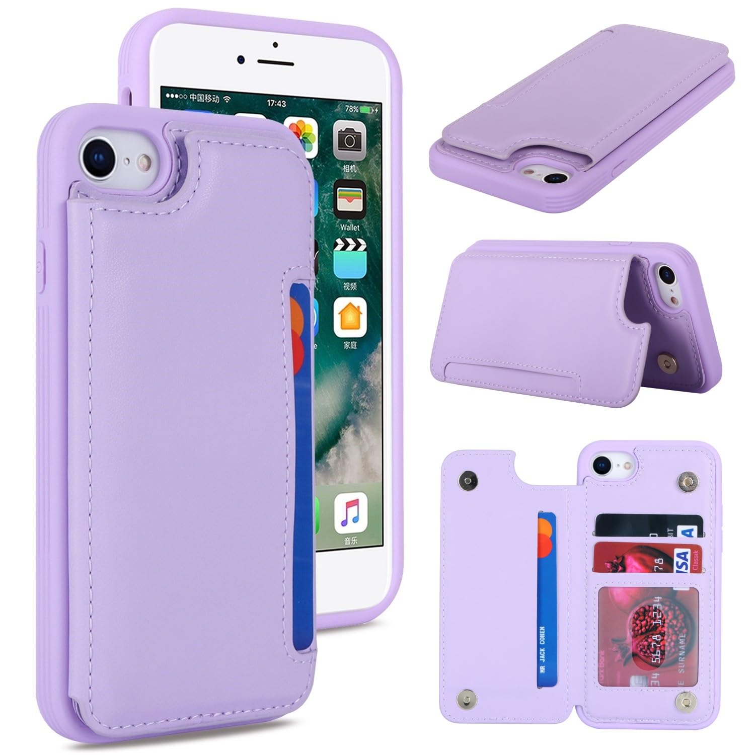 iCoverCase for iPhone SE(2022)/SE(2020) iPhone 7/8 Wallet Phone Case with Card Holder for Women Men, [RFID Blocking] Card Slots PU Leather Protective Wallet Case (Light Purple)