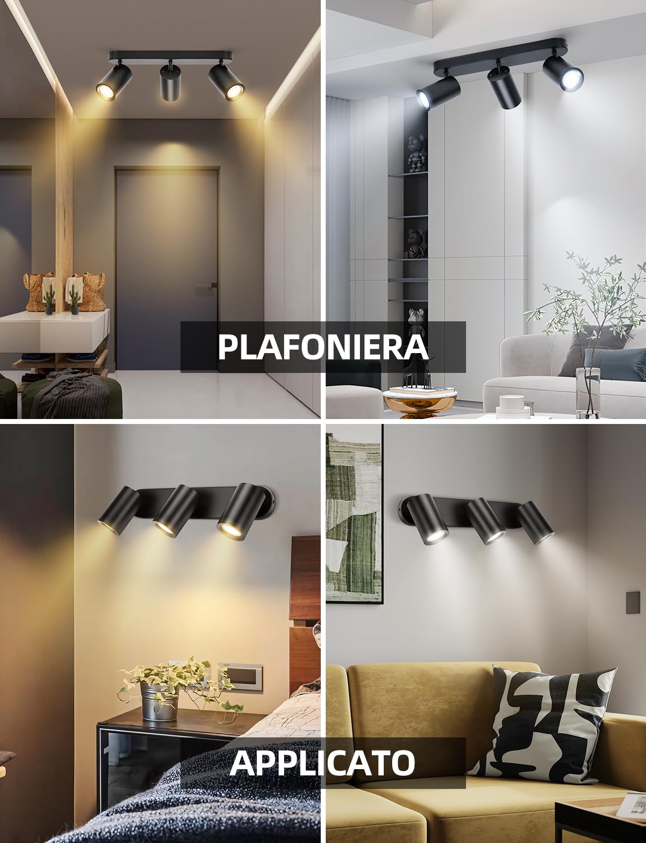 Aigostar Faretti da Soffitto Orientabili Intelligente LED Compatibile con Alexa Bluetooth Mesh, Plafoniera Dimmerabile RGB+CCT 2700K-6500K, GU10 4.9W Faretto da Parete 3 Luci per Soggiorno Cucina