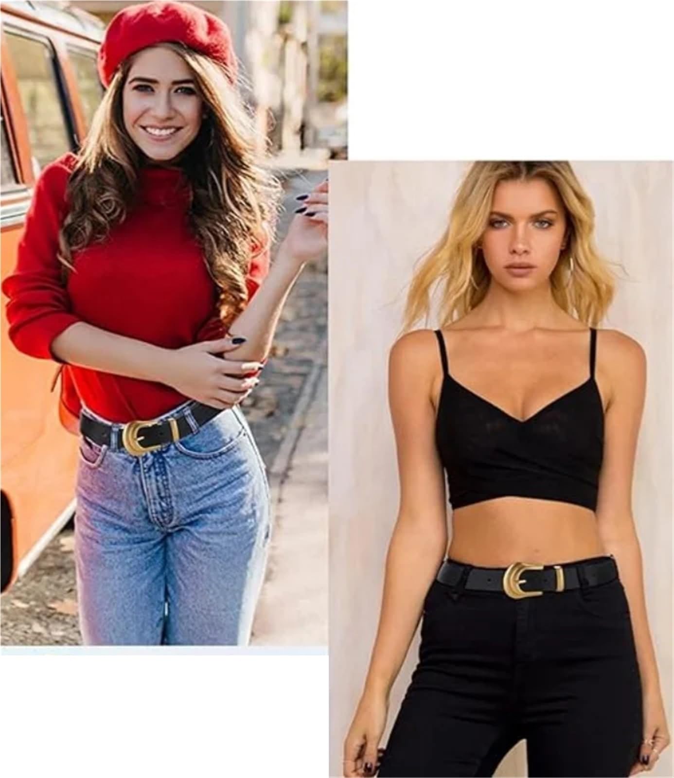 Ceinture femme avec boucle, style western, en cuir noir, rétro Pour Femme