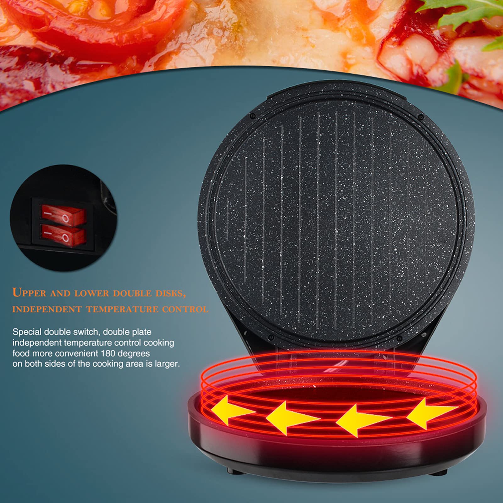 Teglia per Pizza Elettrica, Macchina per Pizzaiola Antiaderente di Precisione con Piastra Riscaldante a Doppia Faccia, Alimentazione Pronta E Spie Luminose, per Pizza Fatta in Casa
