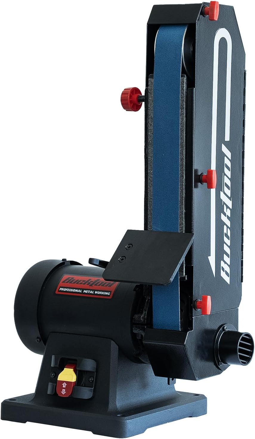 Bucktool 1HP 7A Belt Sander, 2×48 Inch 4500 FPM Bench Belt Sander, Dual-Purpose Flat & Curved Sanding Design, Iron Base & Platen with Safety Switch, Ideal for Knife Making, Metalworking, Workshop Use