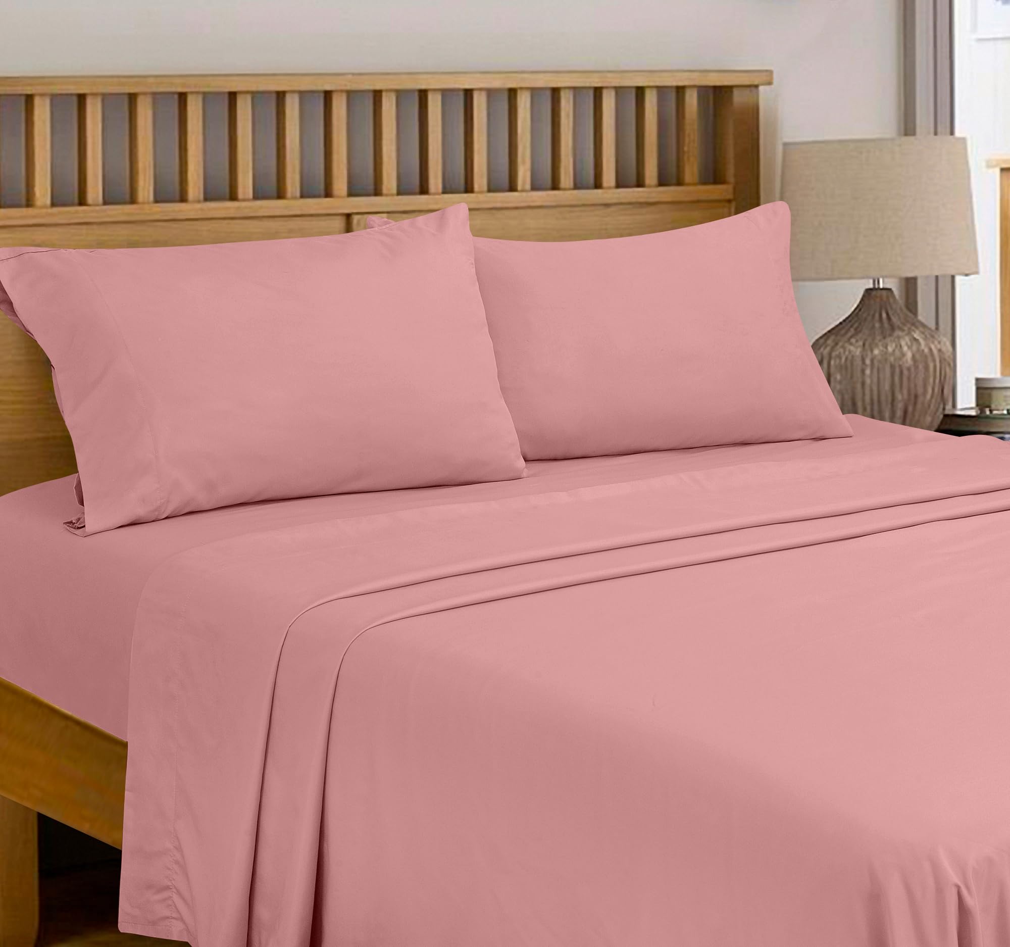 ROYALE LINENS - Sábana encimera de 100 % algodón peinado de fibra larga, 300 hilos, ultrasuave, sábana superior, transpirable, fresca y crujiente, solo sábana encimera de percal (individual, rosa)