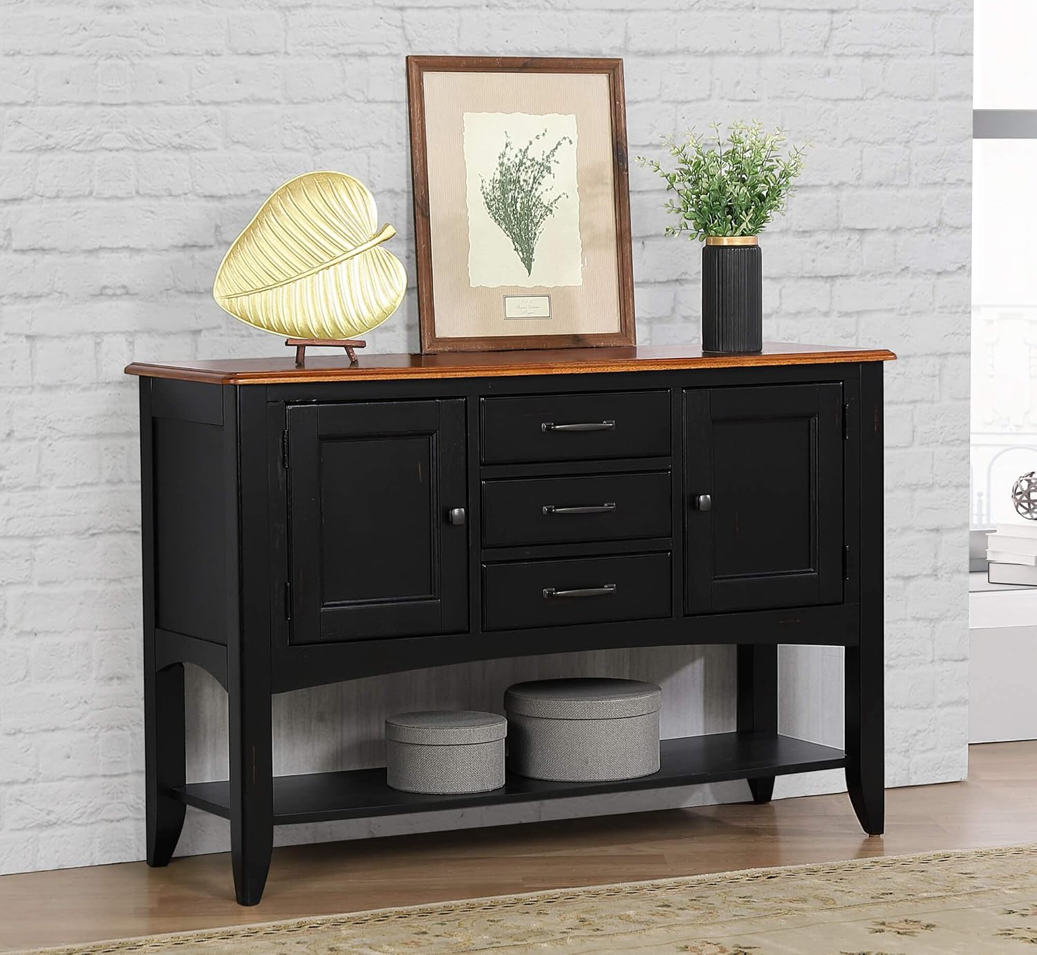 Sunset Trading Antique Black and Cherry Selections Sideboard with Large Display Shelf | 3 Drawers 2 Storage Cabinets, 18" Narrow and 54" Wide, (DLU-1122-SB-BCH)
