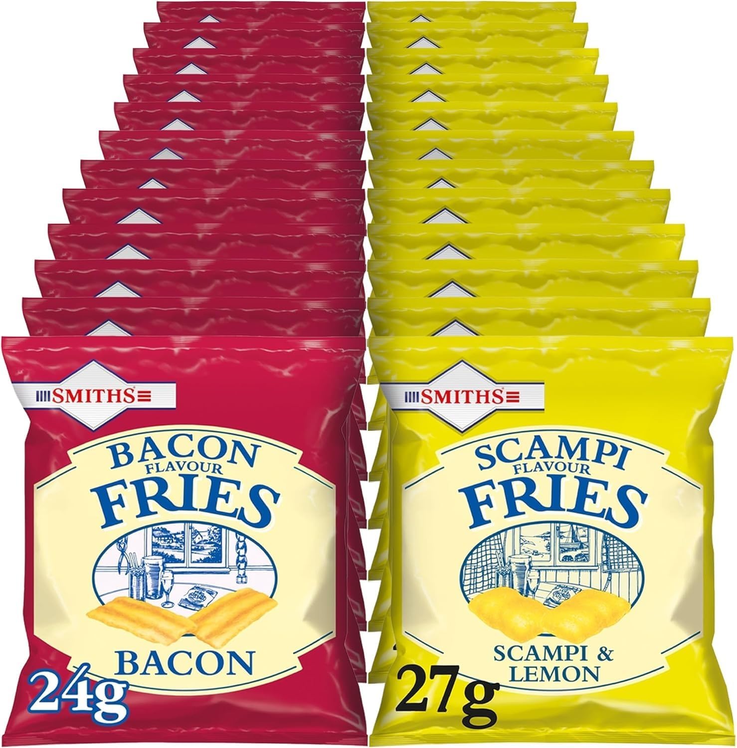 Smiths Scampi & Bacon Fries Pub Card Bundle Zesty Scampi & Lemon and Crunchy Bacon Flavoured Fries Light Snacks Ideal for All Types of Drinks (24, Scampi & Bacon)