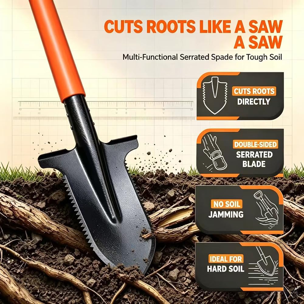 Bêche à racines avec scie à racines 112 cm - Bêche de jardin en acier 1050Mn - Pour sols durs - Bêche de drainage avec larges bords et poignée souple - Durable - Pour plantation de racines et drainage