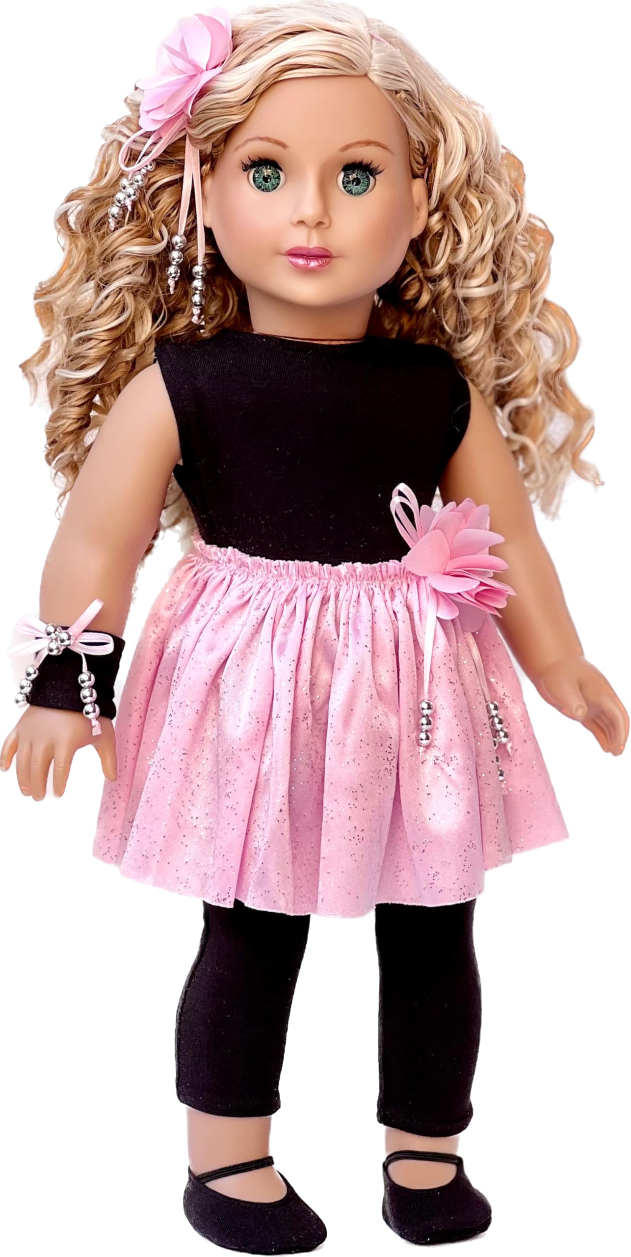 Showtime - 5 Piece Outfit - Black Unitard, Pink Tutu Skirt, Ballet Slippers, Corsage, Hairpiece - Clothes Fits 18 Inch Dolls (Doll Not Included)