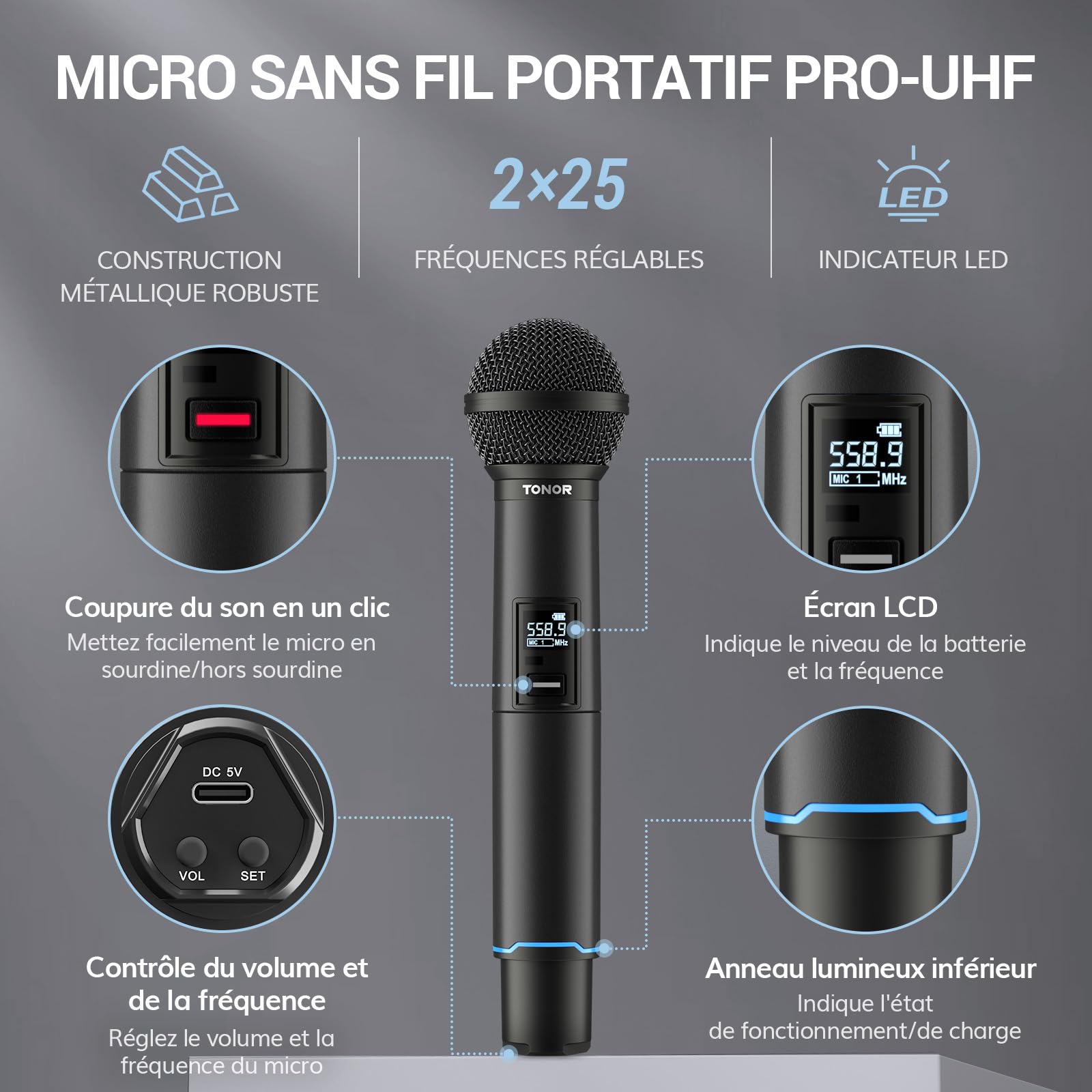 TONOR Micro sans Fil Professionnel, Système de Microphone Rechargeable Bluetooth, Micro Dynamique en Métal UHF 2x25 pour Karaoké, Eglise, Chant, Mariage, Réunion, Appairage Automatique, 100 M, TW720