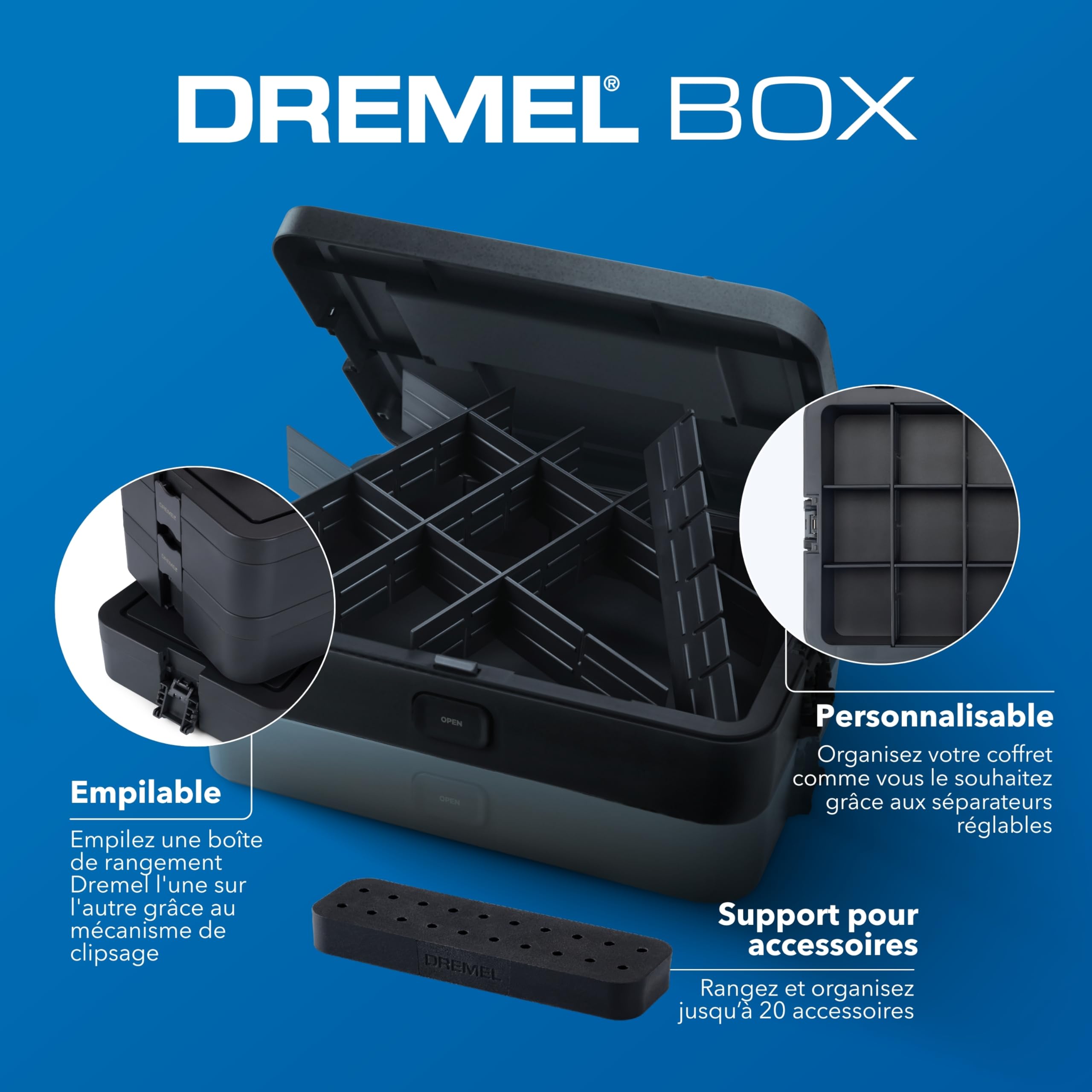 Dremel Coffret de transport avec 6 séparateurs et boîte de rangement d'accessoires, Solution d'organisation pour accessoires d’outils multi-usages, Système compact et empilable