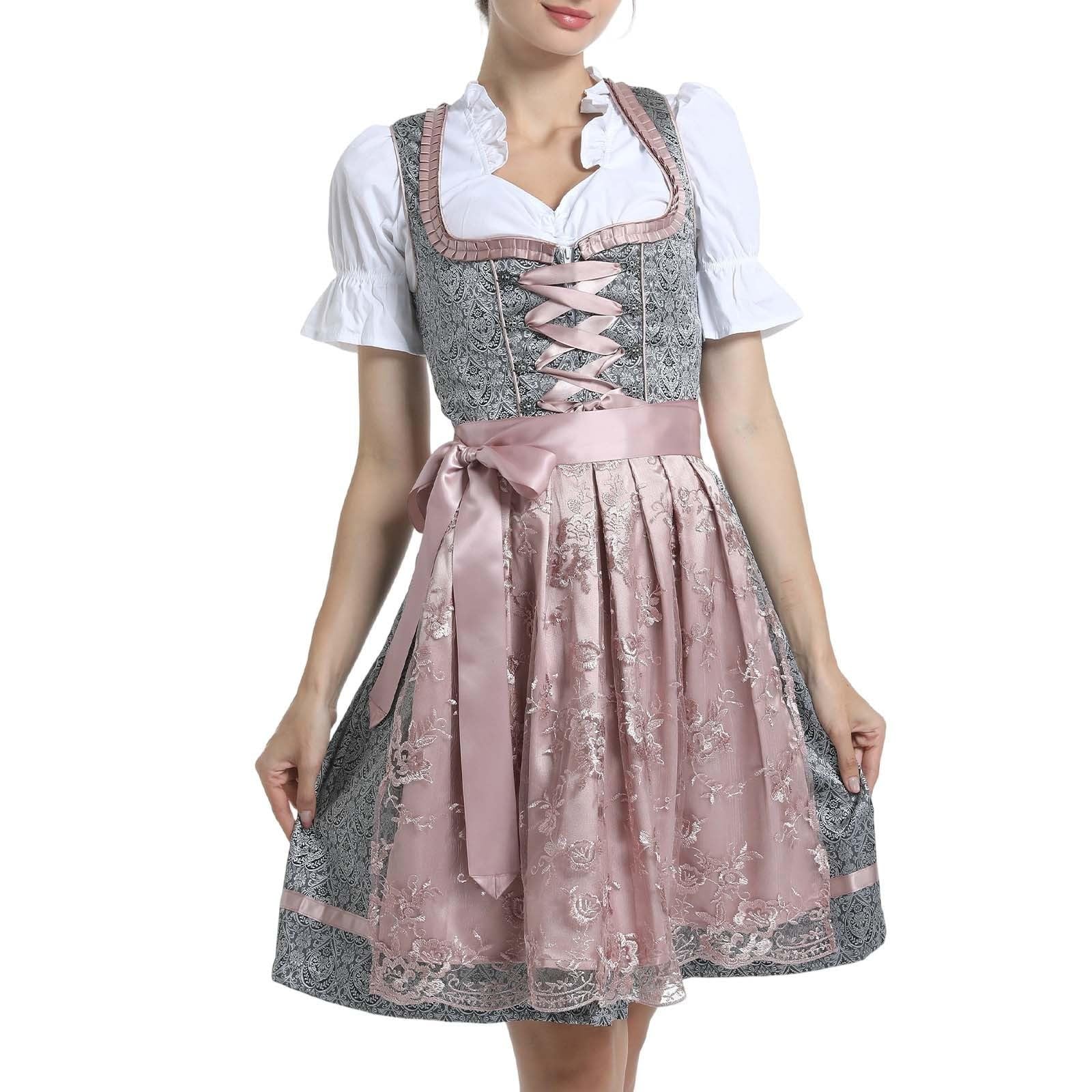 Generisch 3-Teiliges Set Dirndl Damen Trachten Outfit Midi Komplettset