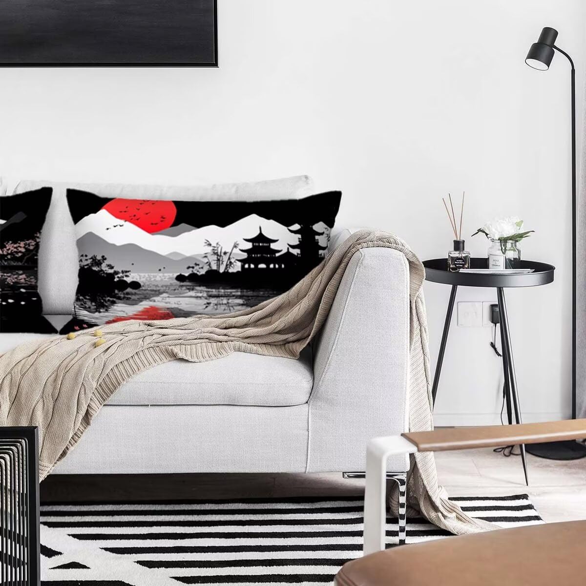 Kissenbezug 70x90 cm Schwarz Kissenbezüge 2er Set, Samt Sofakissen Dekokissen Kopfkissenbezug, Zierkissen Bezug Beidseitiger Druck für Kissen Deko Wohnzimmer Schlafzimmer Sofa Hotel, Japan Muster G-56