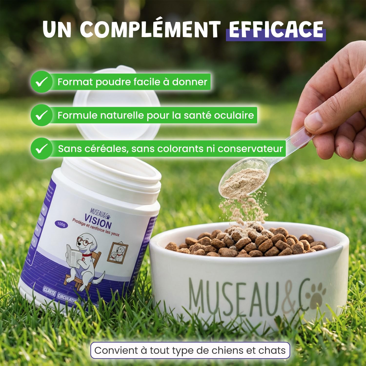 Vision 100g – Complément oculaire Naturel pour Chien et Chat | Myrtille, Ginkgo, Souci | Antioxydants & Microcirculation | Soutien du Confort visuel | Appétent au Foie de Poulet