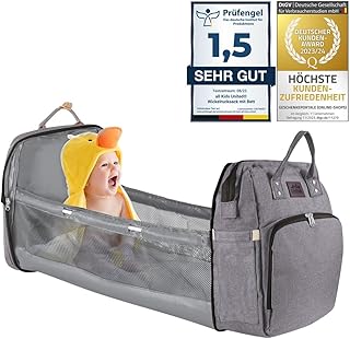 all Kids United® Baby Wickelrucksack Deluxe mit Kinderbett - Babytasche Wickeltasche Set: Baby-Rucksack, Wickelauflage, integriertem Babybett, Kinderwagen-Haken (Grau)