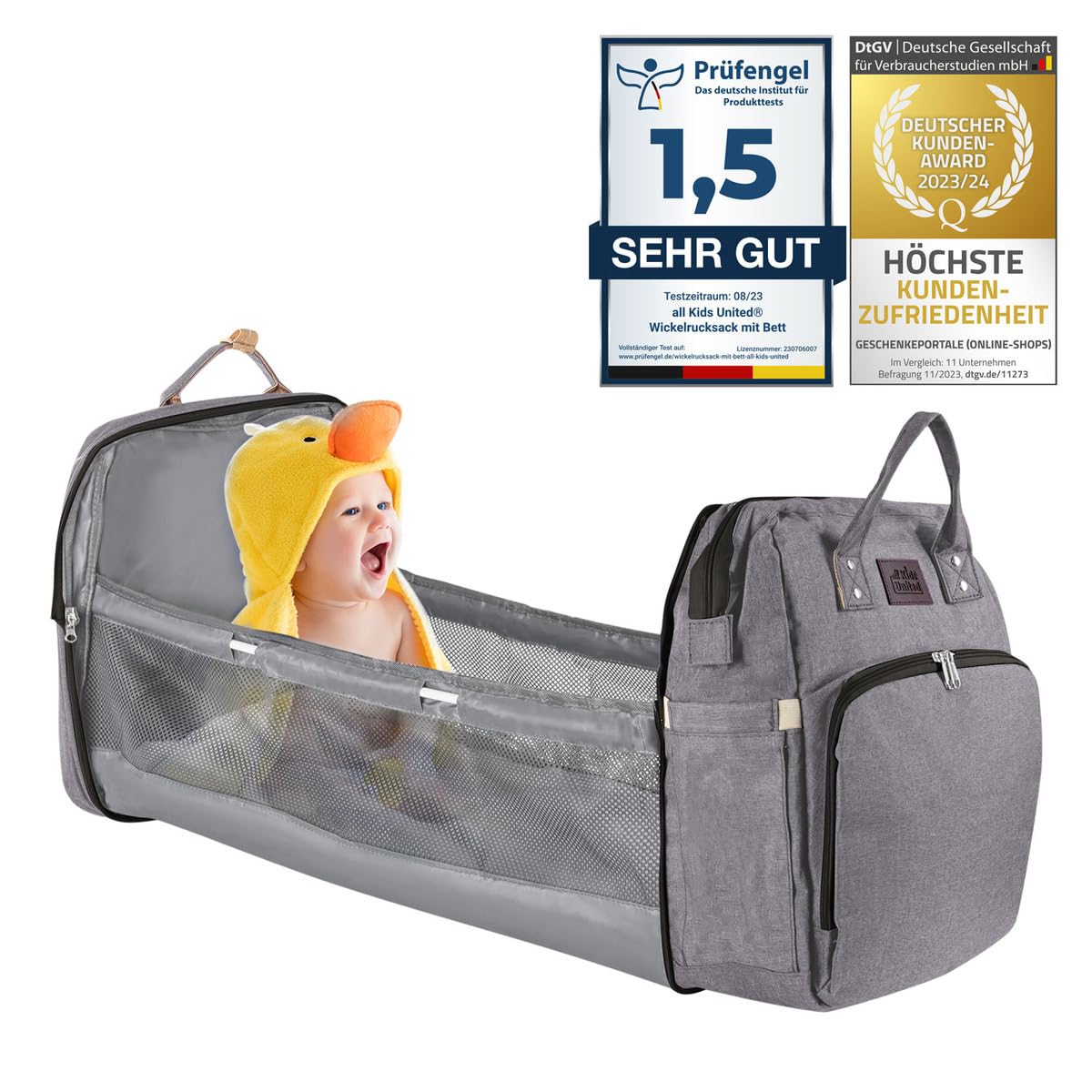 all Kids United® Baby Wickelrucksack Deluxe mit Kinderbett - Babytasche Wickeltasche Set: Baby-Rucksack, Wickelauflage, integriertem Babybett, Kinderwagen-Haken (Grau)