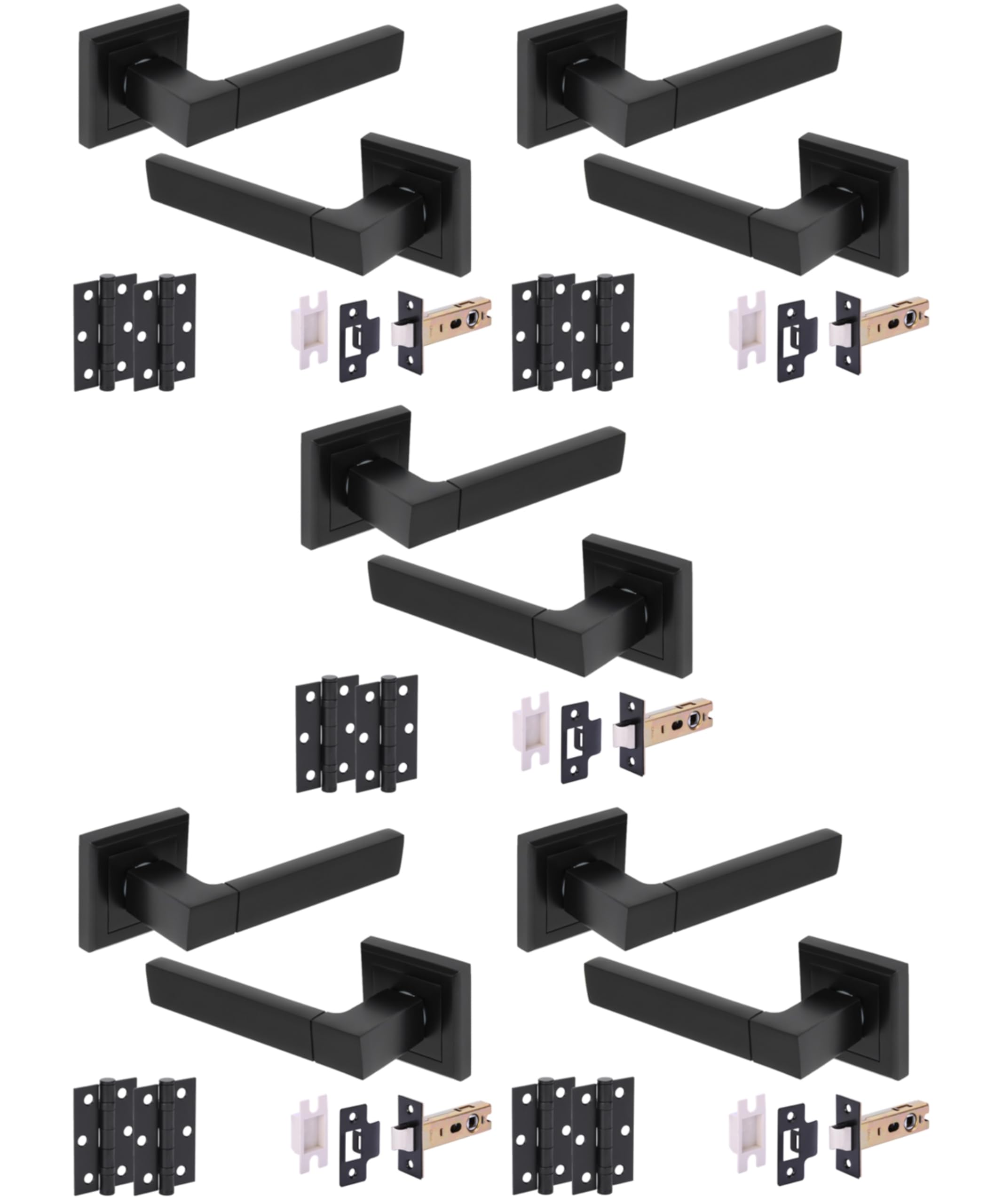 Hunta HANDLEZONE® 5 Sets Reno Internal Door Handle Pack, Complete with Lever Handles on Square Rose, 76mm Latch, 75mm Ball Bearing Hinges - Black Matt — image 1