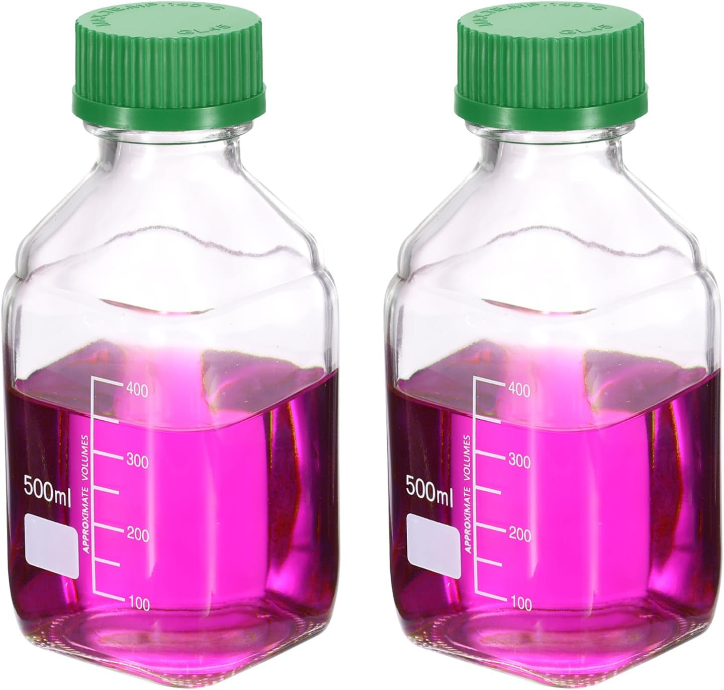 PATIKIL Reagent Media Storage Bottles, 2 Pcs 500ml Borosilicate Glass Square Graduated Round Bottles with Green GL32 Screw Cap for Lab Water Reagent Liquids, Clear