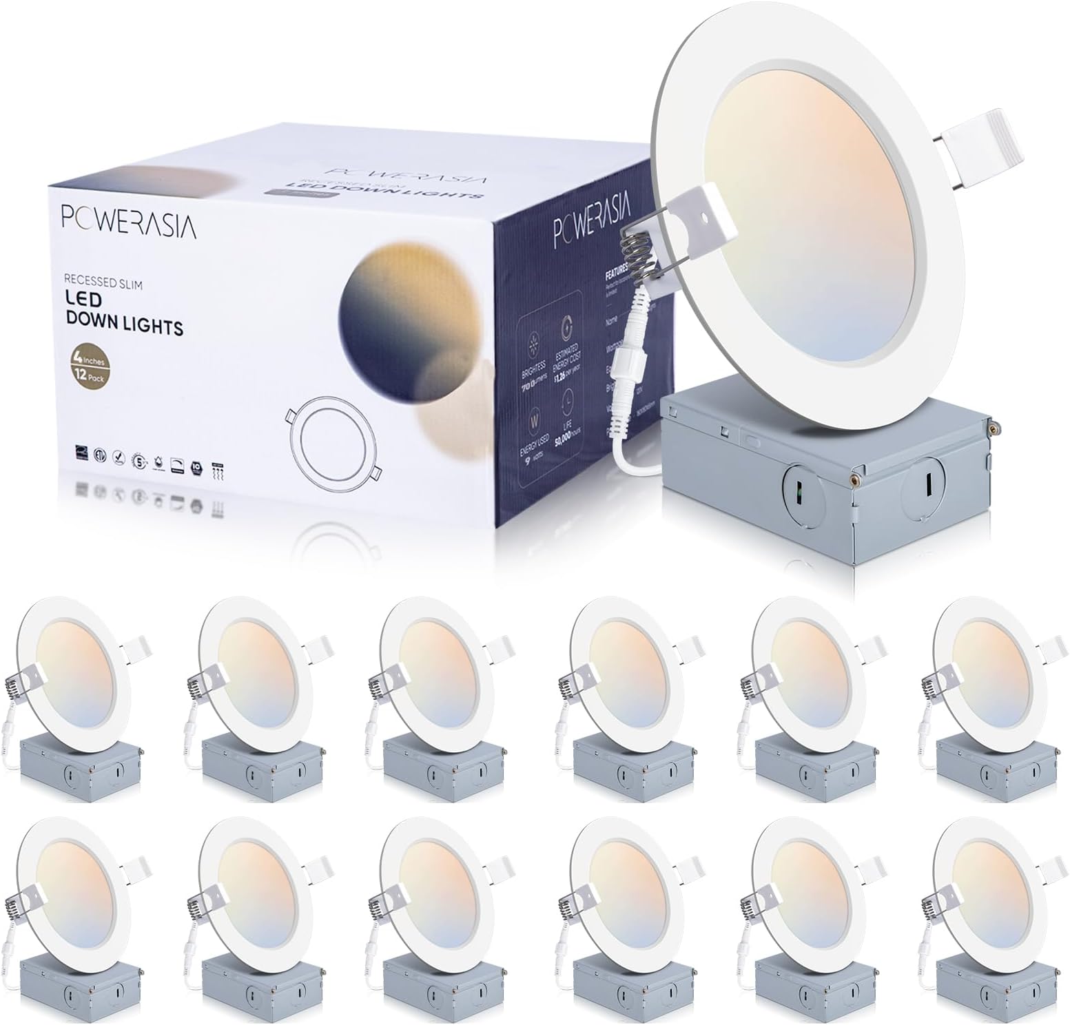 POWERASIA 12 Pack 4 Inch Ultra-Thin LED Recessed Ceiling Light with Junction Box, 5CCT Dimmable 2700K/3000K/4000K/5000K/6000K, 9W 850lm Can Killer Downlight-ETL and Energy Star Certified
