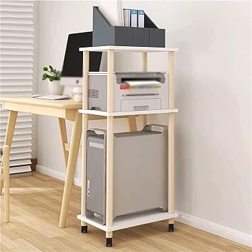Printer Table 3-Layer Printer Stand, Heavy-Duty Removable Floor-to-Ceiling CPU Stand, Solid Wood Printer Holder with Wheels Storage Shelve