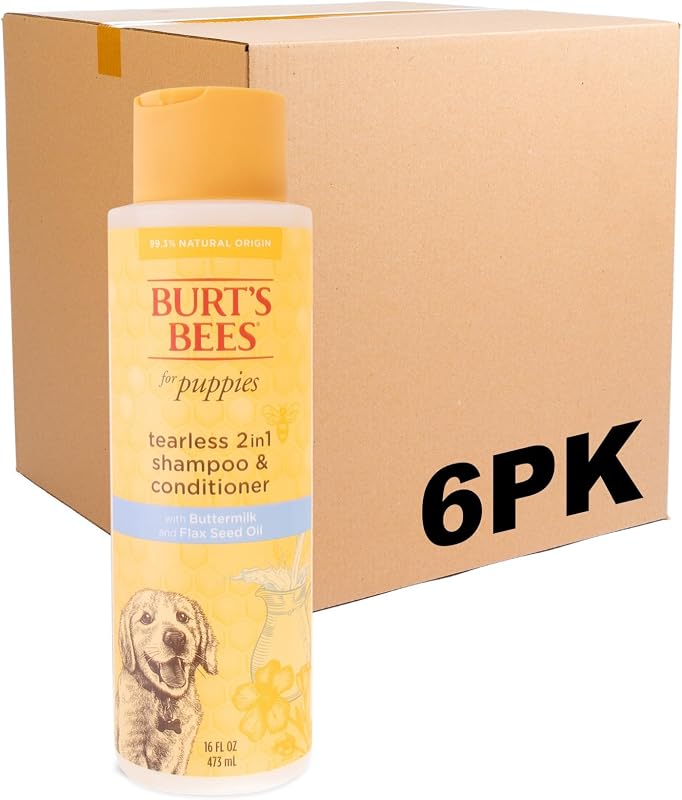 Burts Bees Tearless Shampoo & Conditioner with Buttermilk, 16 Fl Oz, 6-Pk | Gentle 2-in-1 formula cleans and conditions sensitive puppy skin and coat, tearless for easy bath time