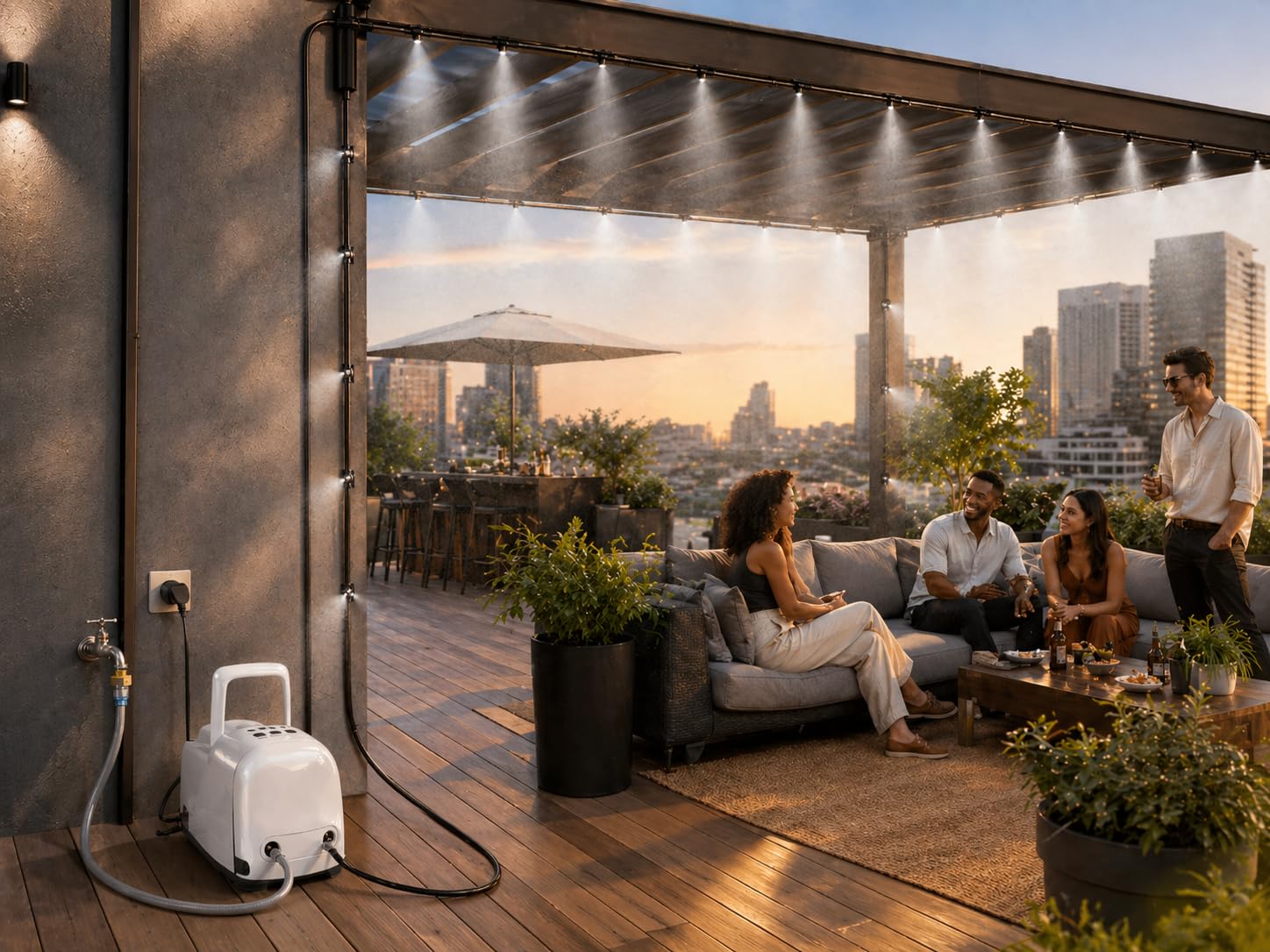 O'FRESH Brumisateur Terrasse Exterieur Haute Pression 20 Buses INOX - Système Brumisation avec Pompe Haute Pression Axiale 60 Bars - Capacité : 55 m² et Plus - Repousse Les moustiques et nuisibles