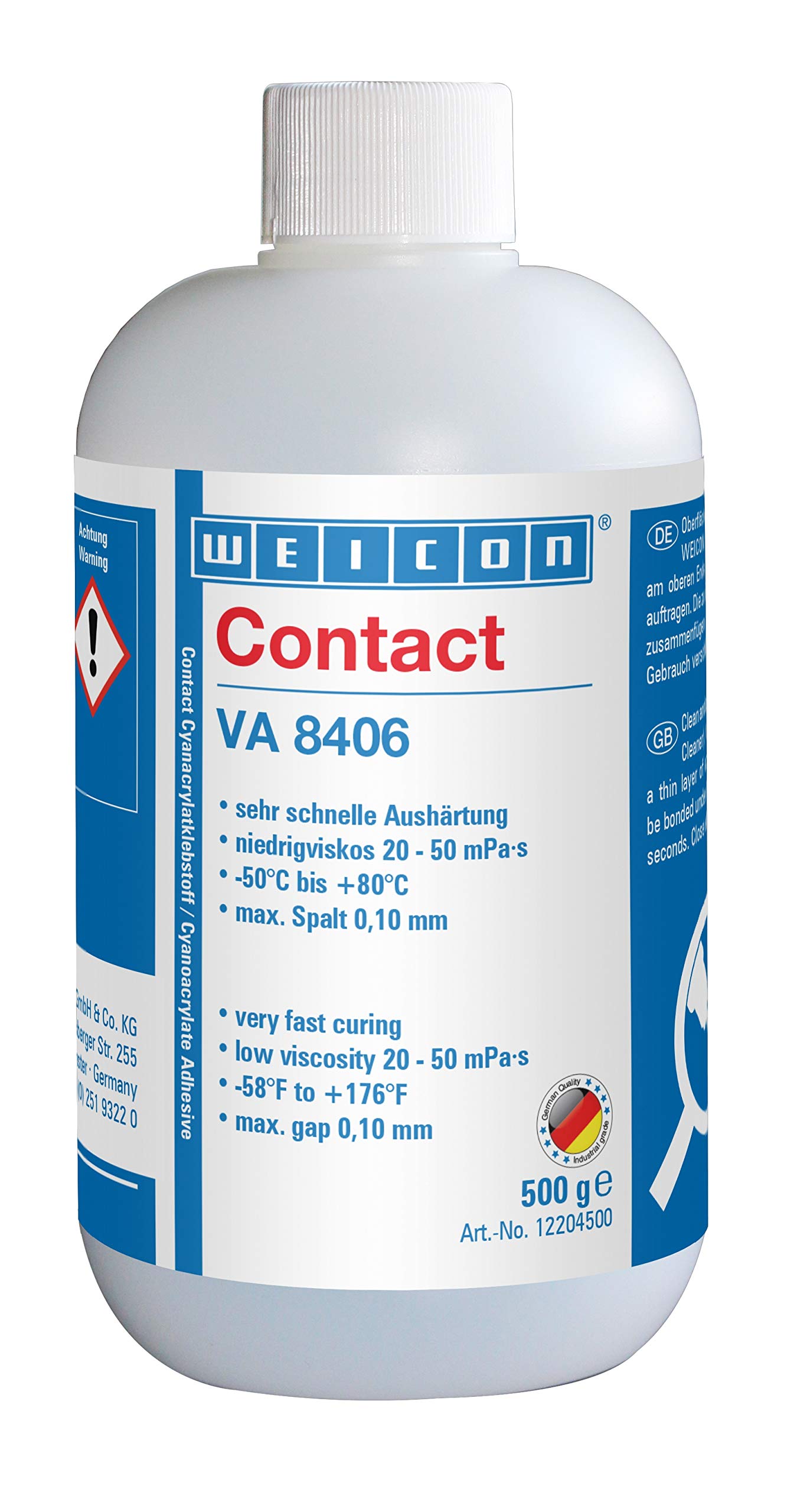 Weicon 12204500 Contact VA 8406 klej cyjanoakrylowy, 500 g, specjalny klej do tworzyw sztucznych, bezbarwny