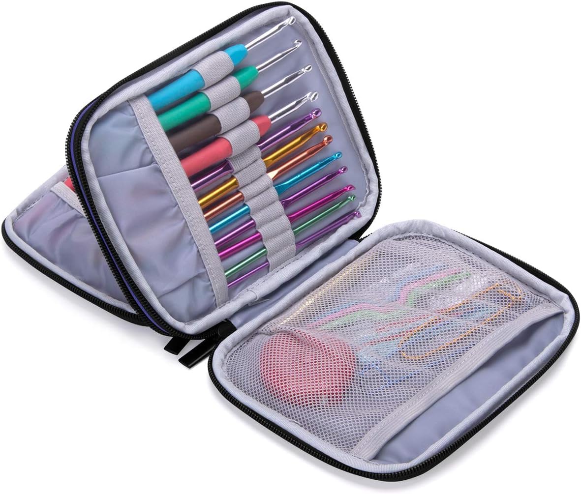 Damero Crochet Hook Case, Estuche Portátil con Cremallera para Agujas de Tejer, Ganchos y Kit de Ganchillo con Doble Capa Fácil de Transportar, Violeta
