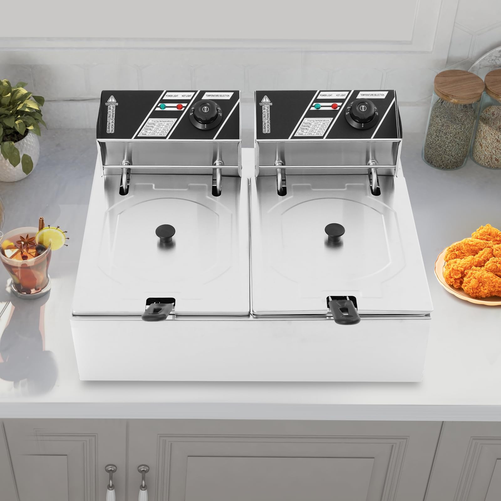 Friggitrice elettrica doppia vasca da 6 l, friggitrice professionale in acciaio inossidabile 201, termostato indipendente 60-200 °C, 2 cestini, 2,5 kW × 2, ideale per ristorante, snack