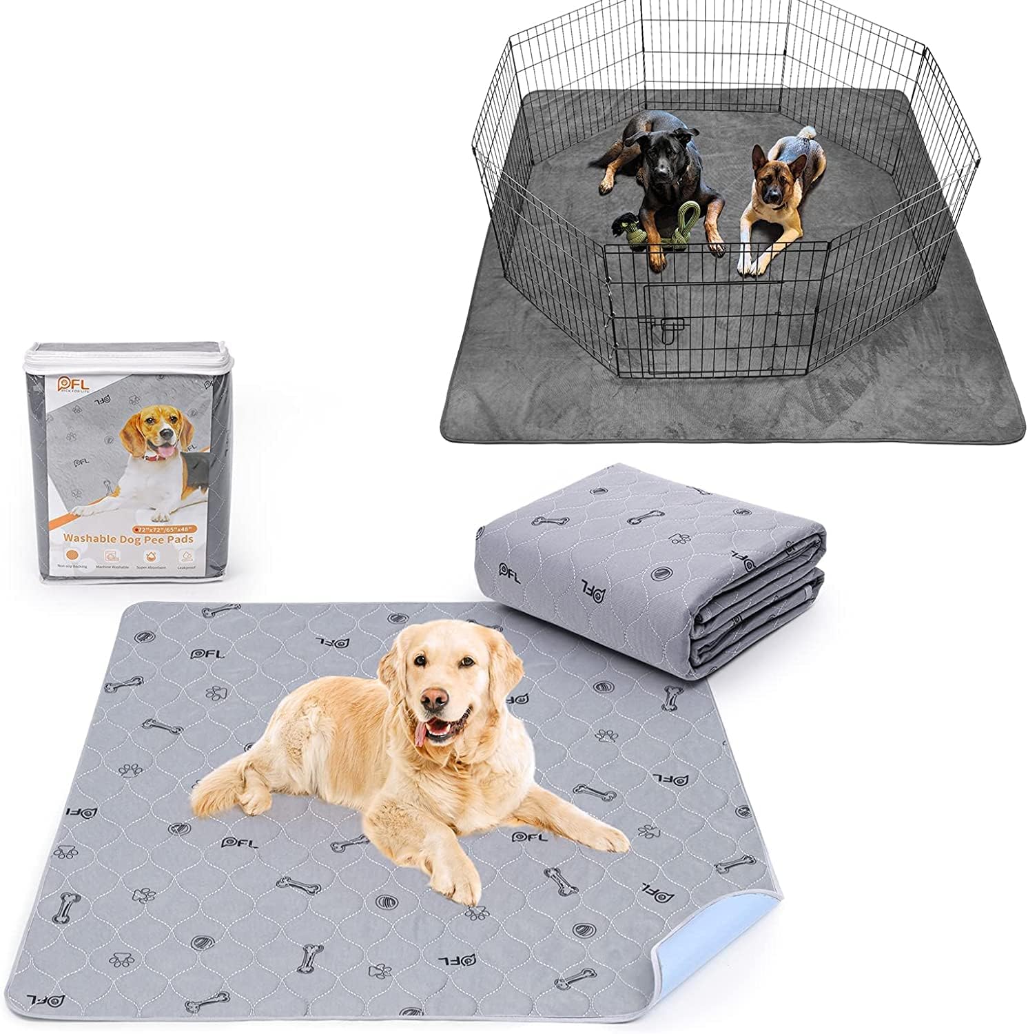 3 Pack of Washable Dog Pee Pads 72X72 and 31x36 inch,Reusable Pee Pads for Dog, Puppy Pads for whelping