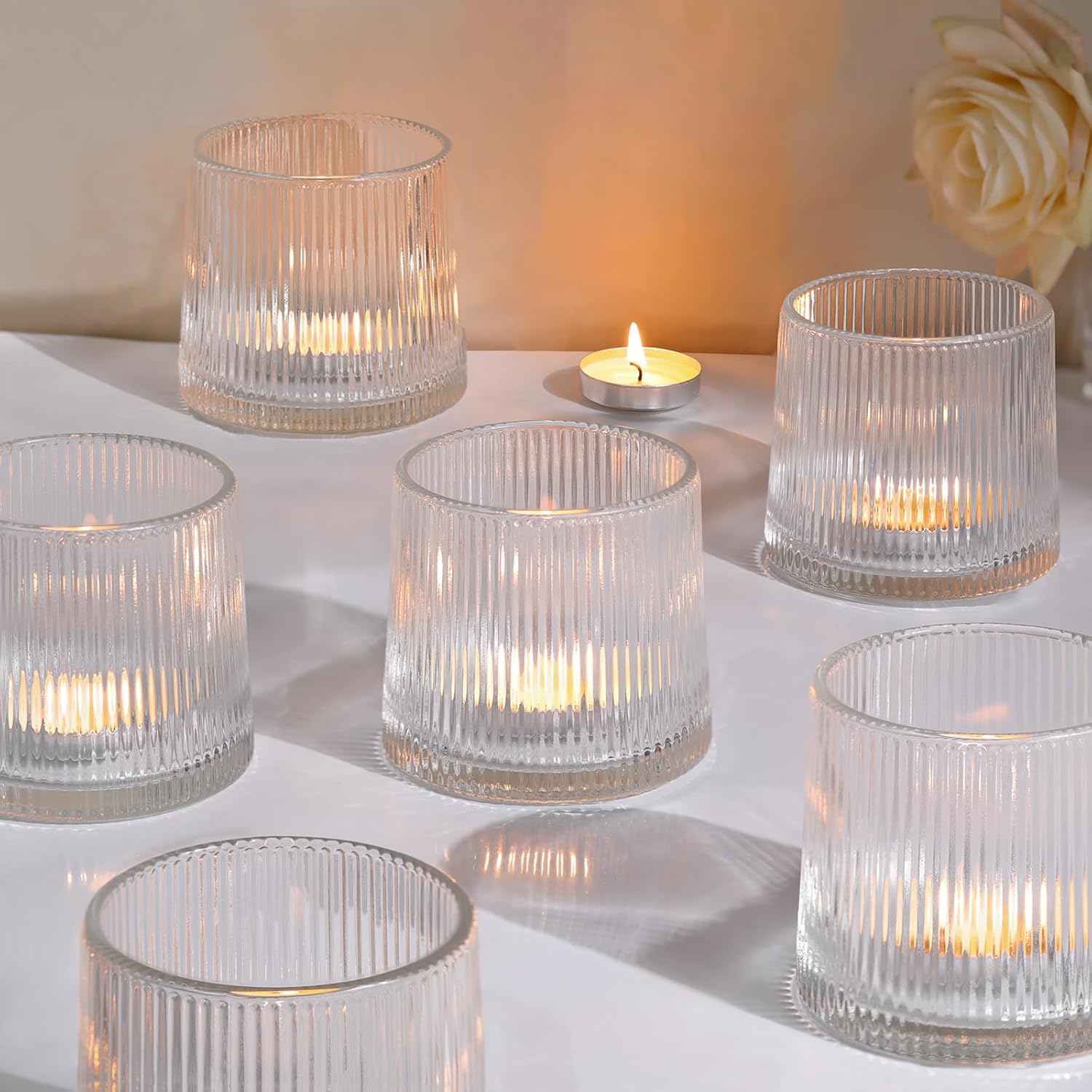 FUNKYFINDS Clear Ribbed Tealight Votive Candle Holders Set of 6 - Tea Light Candle Holder Glass for Table Centerpiece, Engagement Parties, Birthday Parties & Wedding-image-32