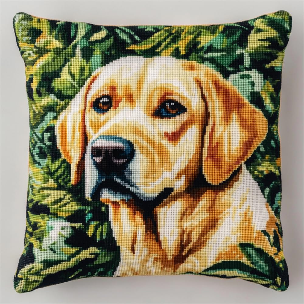 ORLUMY DIY Latch Hook Cushion Kits Labrador Retriever Animal Latch Hook Kits Cartoon Dog Latch Hook Kits DIY Throw Pillow Cover Craft Kits Embroidery Kits with Printed Canvas 43x43cm