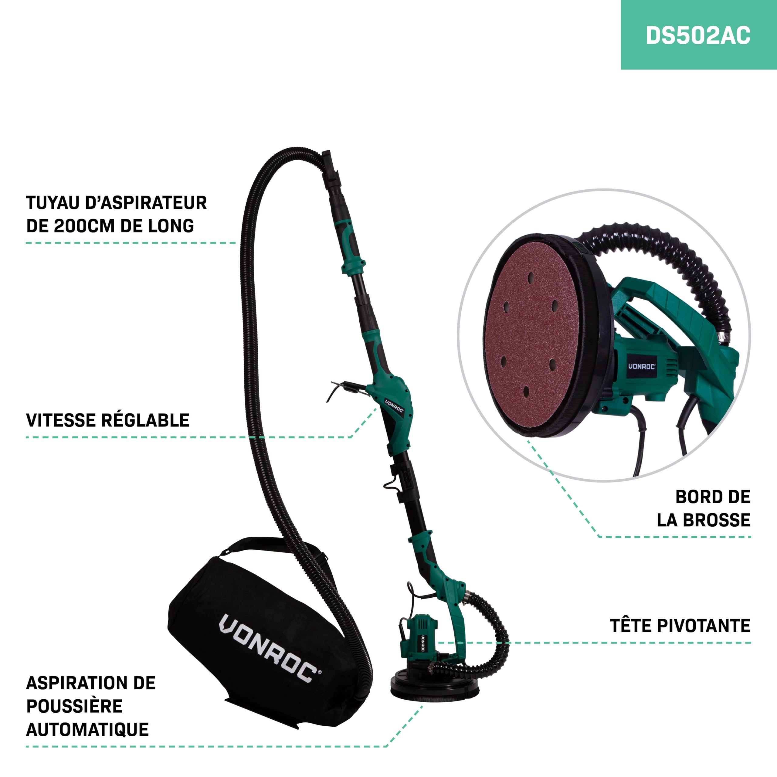 Ponceuse Girafe 1050W - Kit Professionnel Complet Nettoyage, 6 Papiers Abrasifs, Tuyau pour Aspirer Poussière - Ponceuse Mur et Plafond - Câble 4 Mètres, Tête Pivotante - Pour un Résultat Lisse
