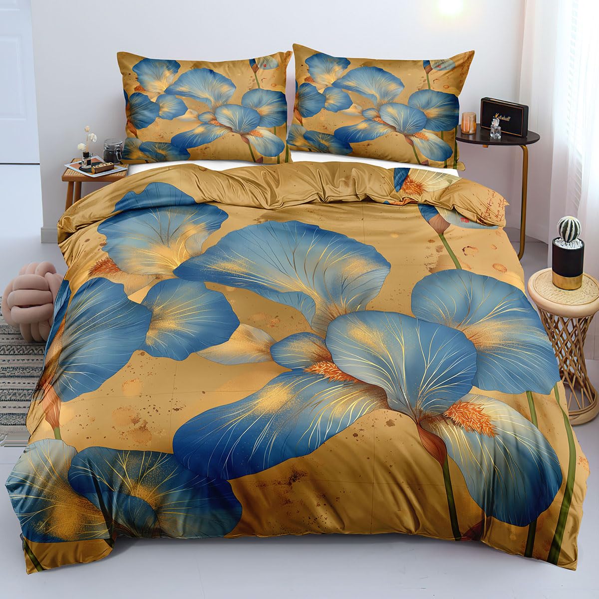 Housse de couette 260x240 motif de feuilles bleu parure de lit vintage beige
