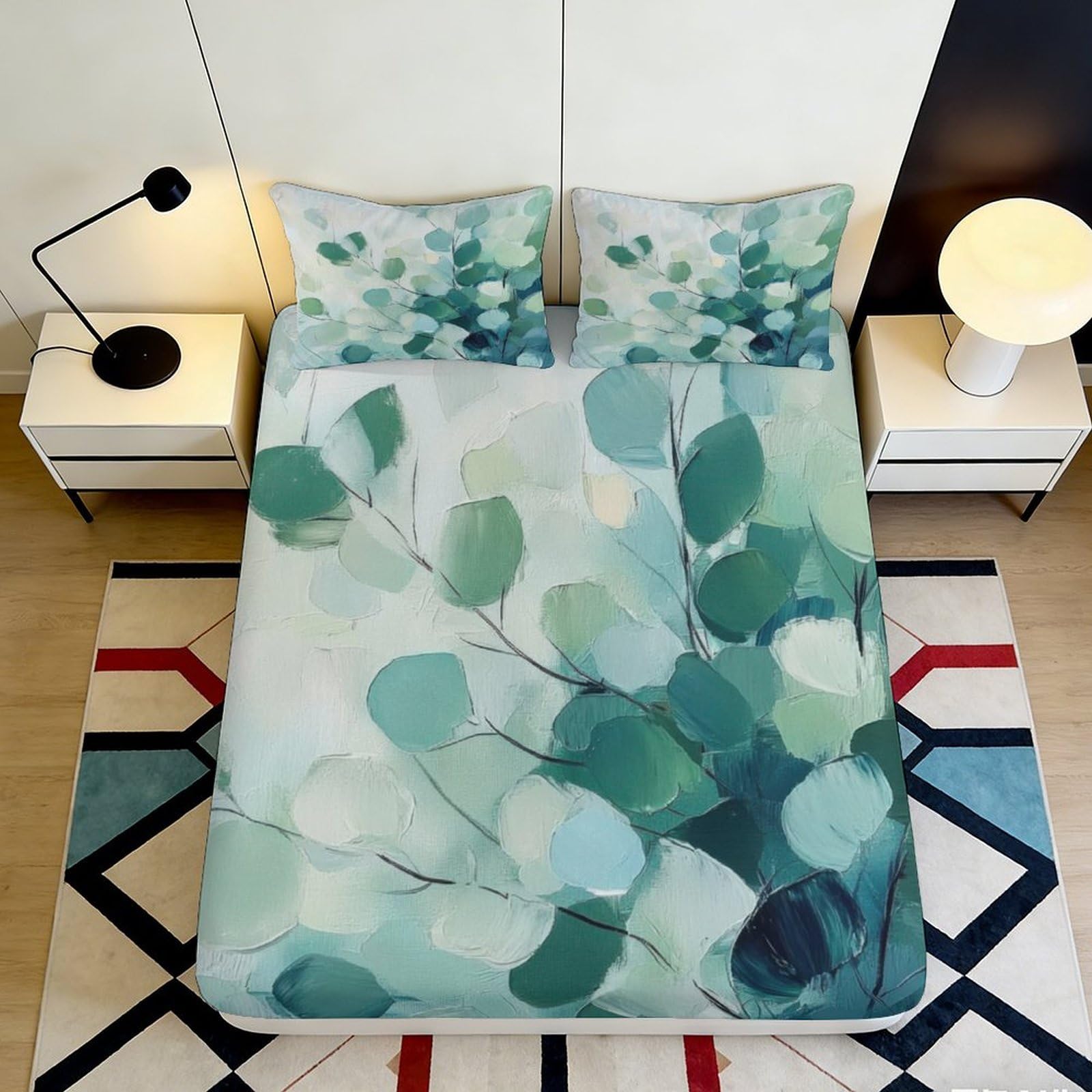 3D Printed Eucalyptus Leaves Fitted Sheet Microfiber Soft Breathable Watercolor Green Mattress Cover for Bedroom Decor 90x200x25cm