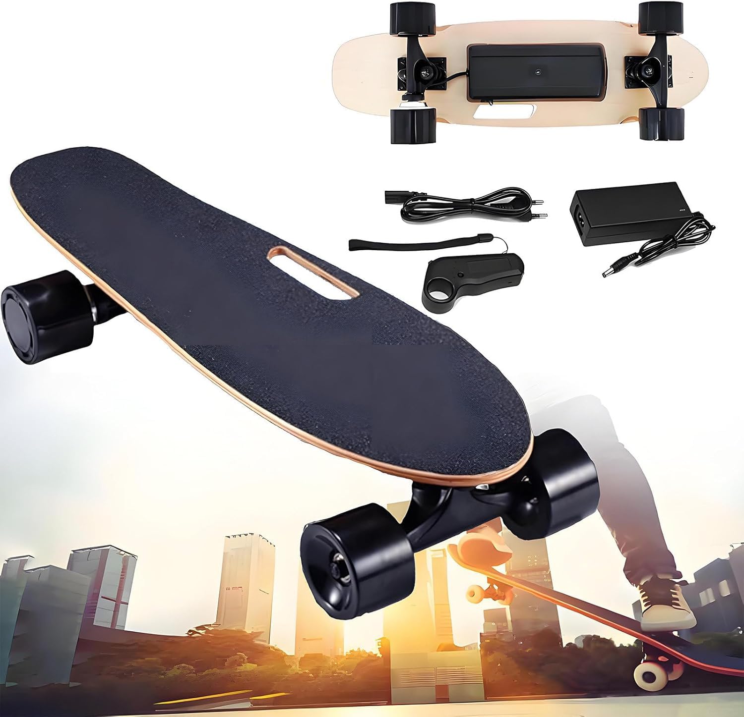 Skateboard électrique Tout-Terrain, avec télécommande et Moteur de 450 W, 3 Modes, Vitesse maximale de 24 km/h, Plateau à 7 Couches, idéal pour Les débutants et Les Adolescents