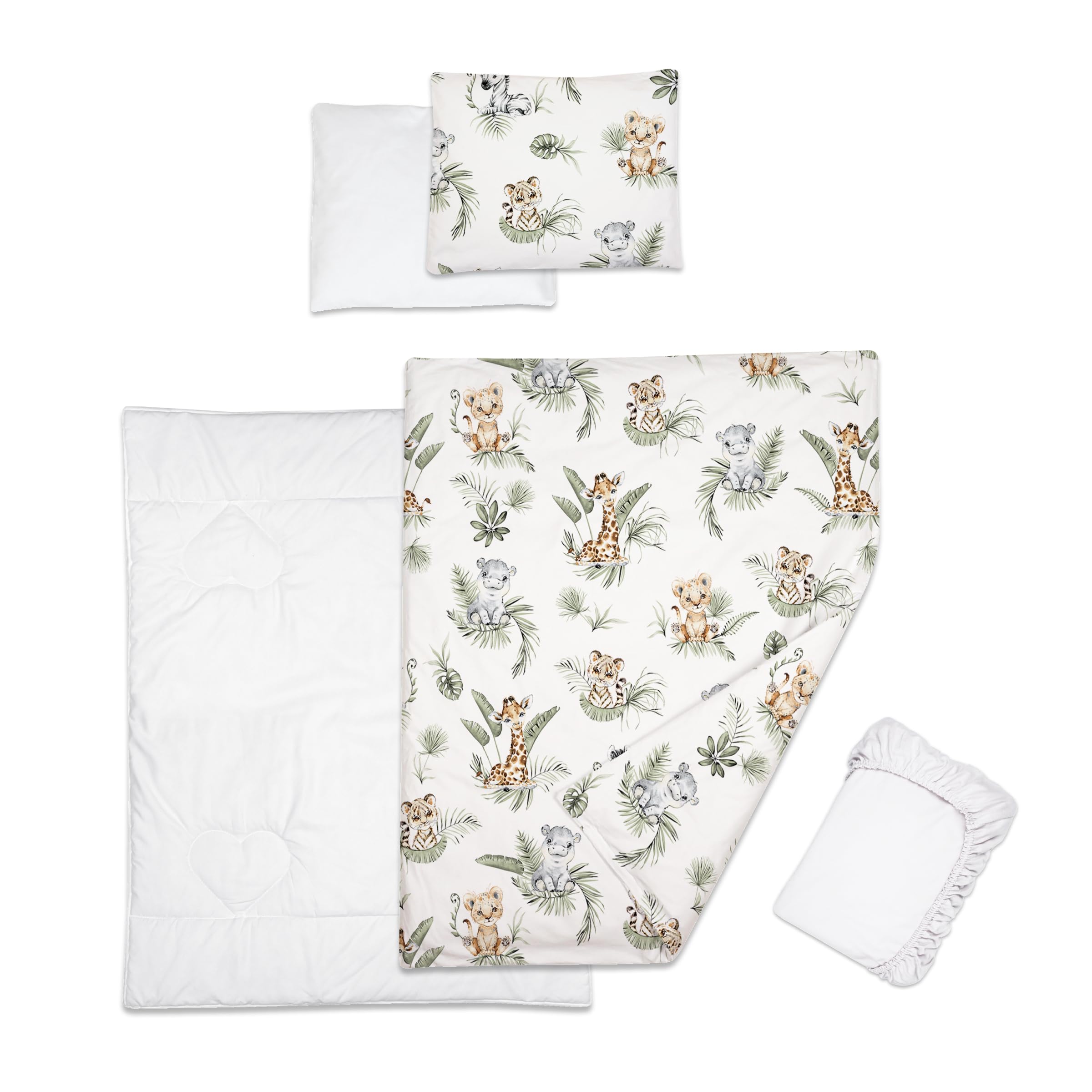 Baby Comfort 5 Piece Toddler Bedding Duvet Pillow with Covers & Jersey Sheet fits 100x50cm Travel Cot 12M+ (Safari)