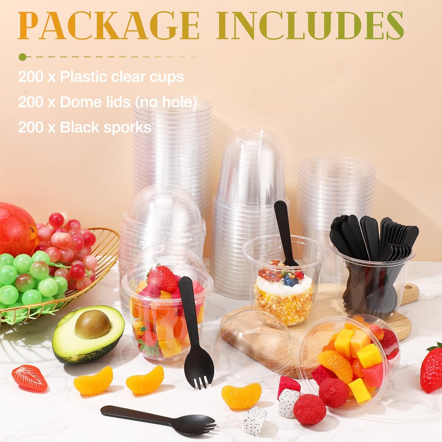 200 Pack Clear Plastic Cups 12 oz Dessert Yogurt Parfait Banana Pudding Pet Disposable Cups with 200 Pcs Sporks for Fruit Ice Cream Party